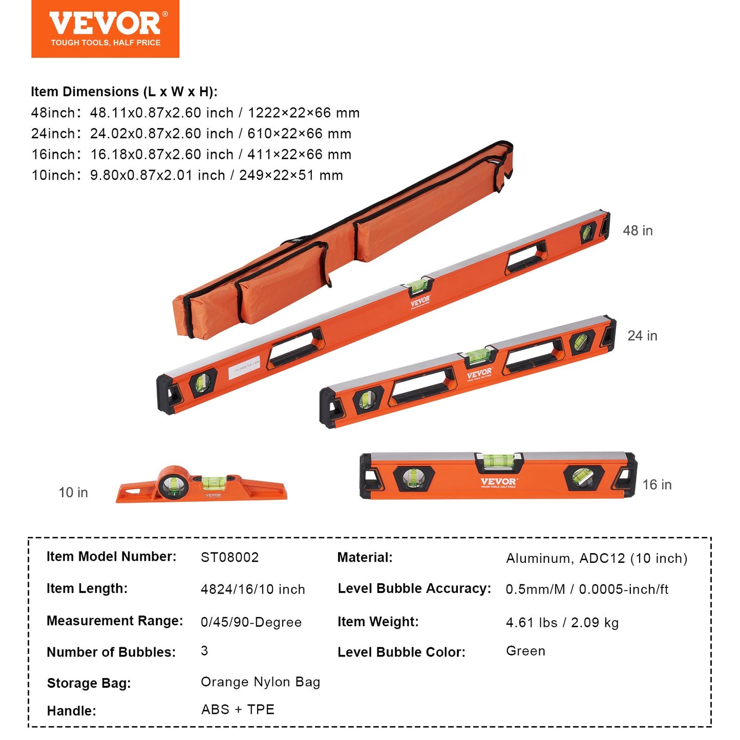 VEVOR Magnetic Torpedo Level, 48/24/16/10 in Mechanical Level Set, Bubble Vials