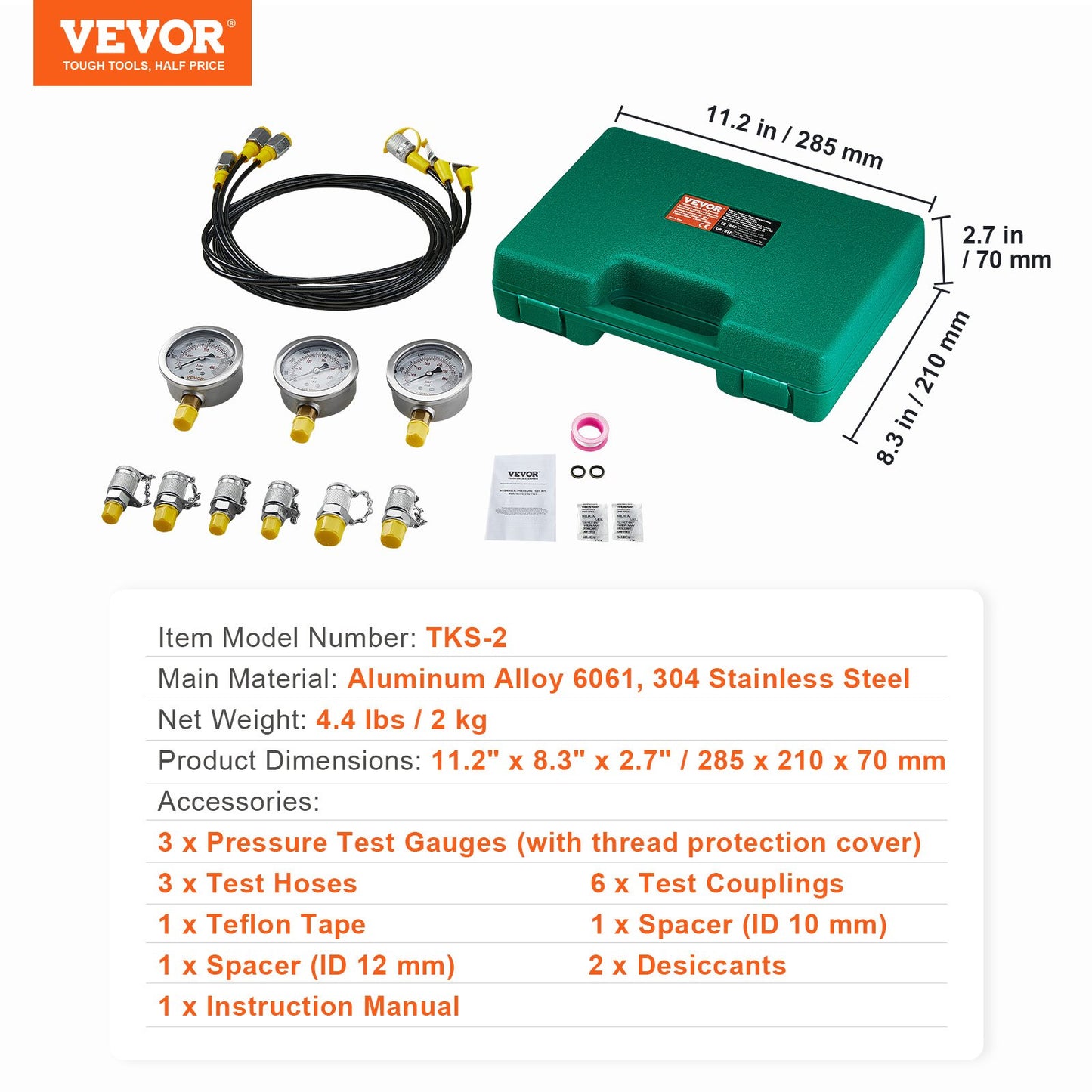 VEVOR Hydraulic Pressure Test Kit, 250/400/600bar, 3 Gauges 6 Test Couplings 3 Test