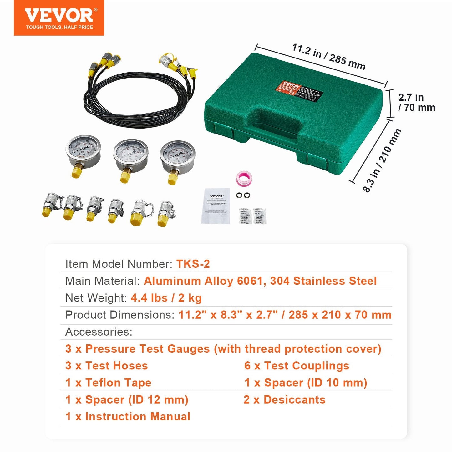 Hydraulic Test Kit with 3 Gauges & 6 Couplings, 250/400/600 Bar, 1.6 m Hoses
