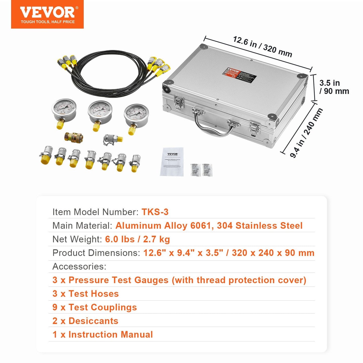 Hydraulic Pressure Test Kit with 3 Gauges & 9 Couplings, 250/400/600 Bar