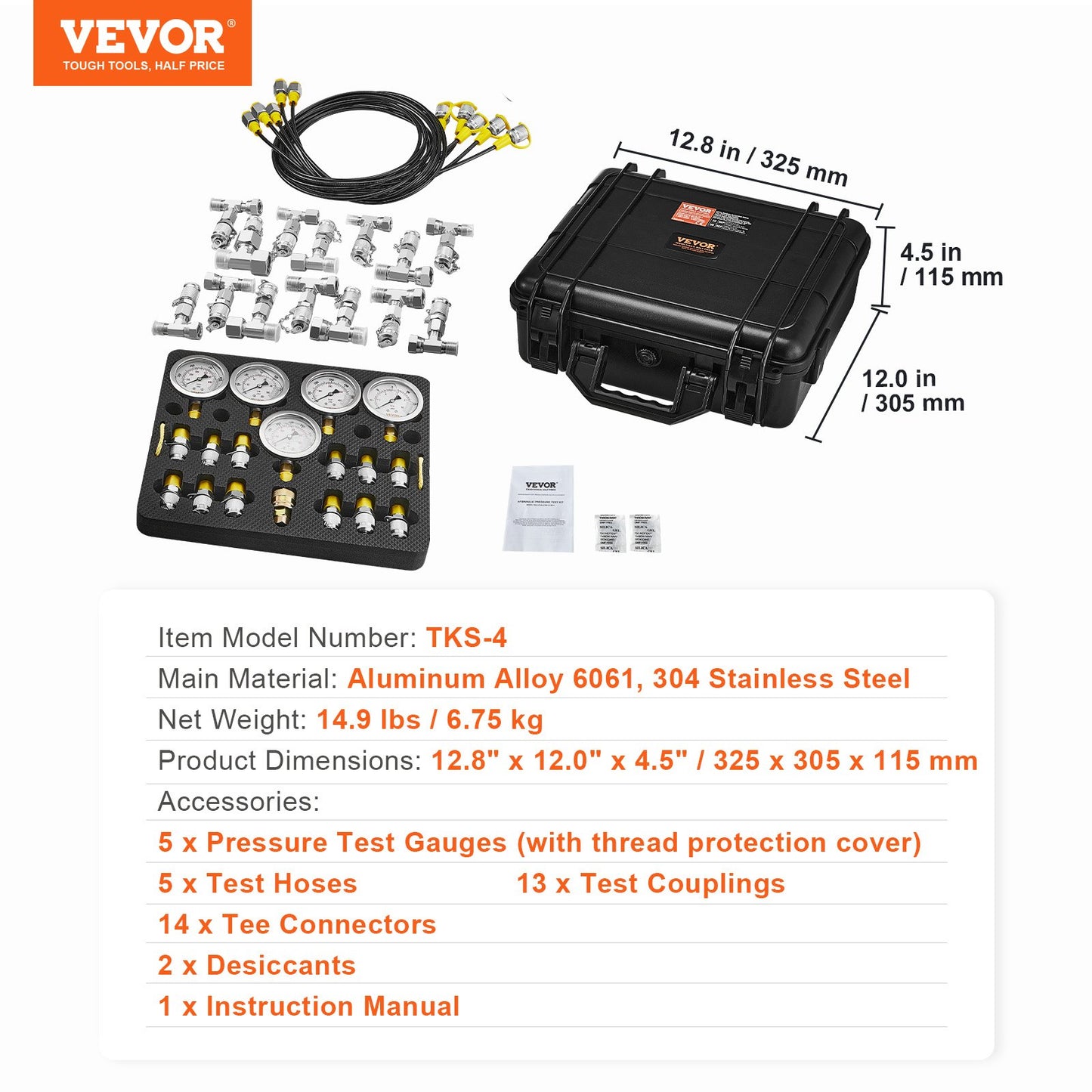 VEVOR Hydraulic Pressure Test Kit, 10/100/250/400/600bar, 5 Gauges 13 Couplings