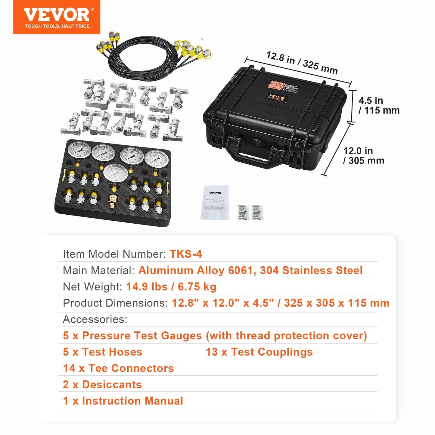Hydraulic Pressure Test Kit: 5 Gauges, 13 Couplings, 1.6 m Hoses, 600 Bar