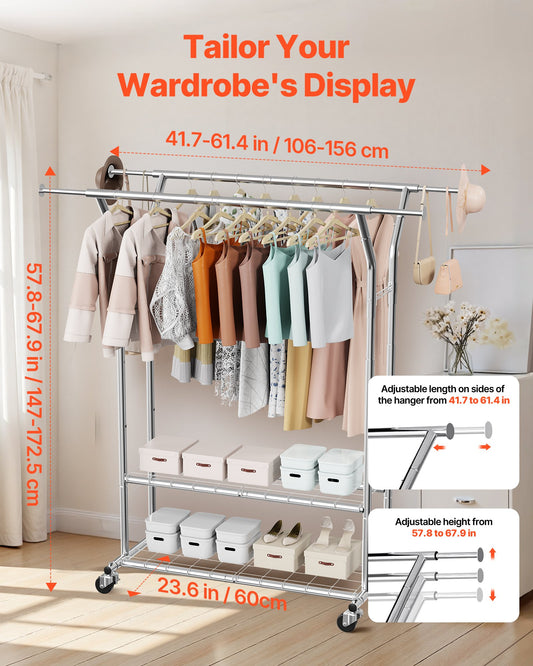 Clothes Rack, Rolling Clothing Garment Rack with 2 Hanging Rods and 2 Storage Shelves, 120 kg Load Capacity, Adjustable Height Carbon Steel Clothing Racks for Bedroom, Laundry, Living Room