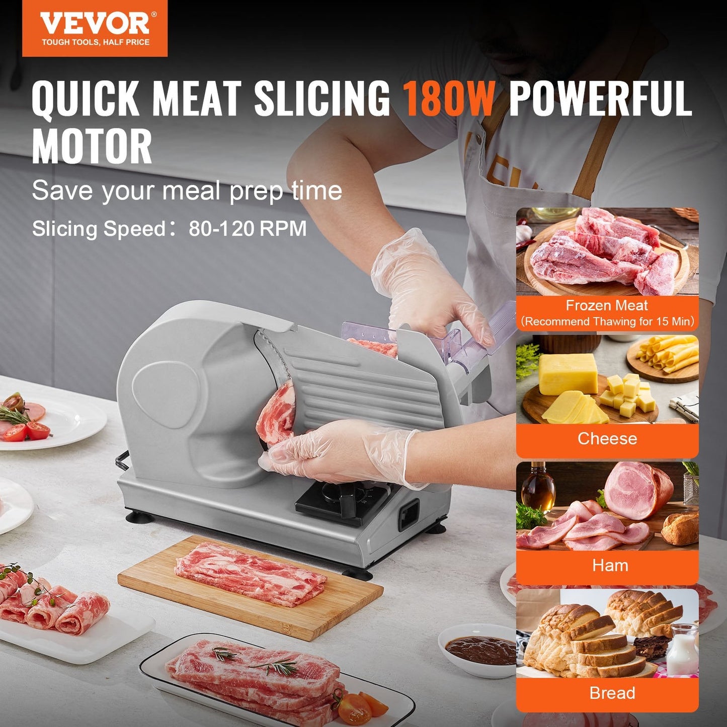 Electric Deli Food Slicer, 180W with 0-15mm Adjustable Thickness Blade