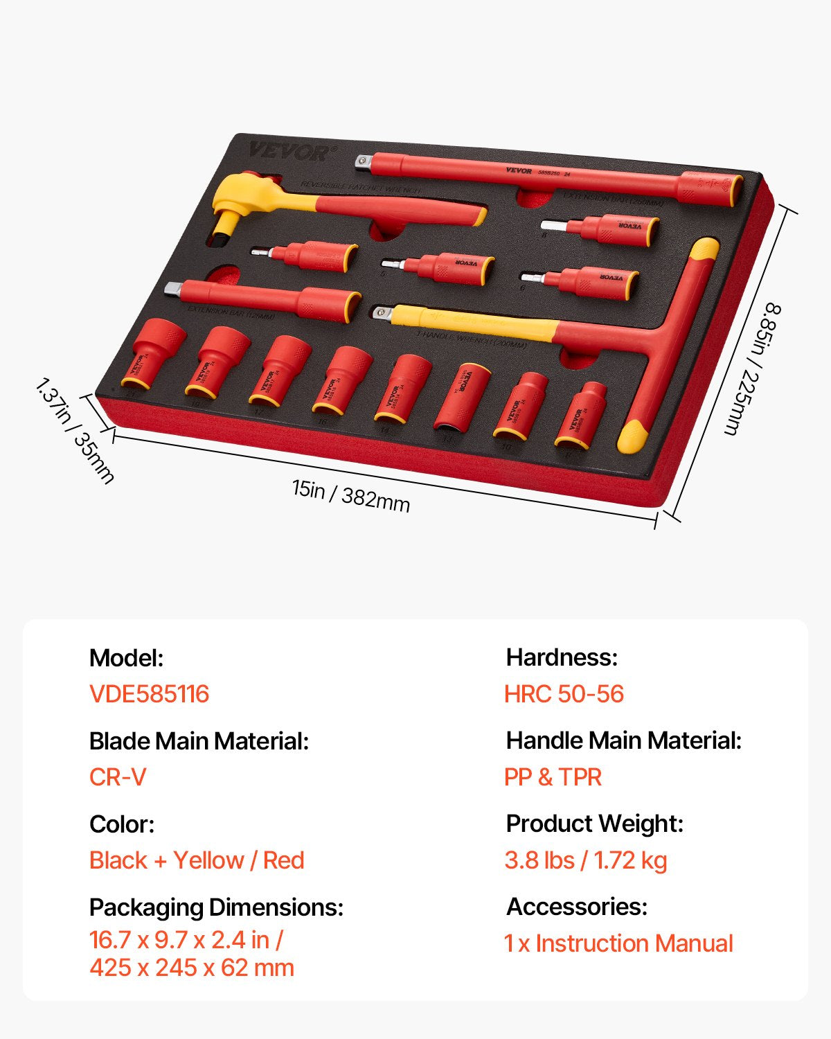 VEVOR Insulated Socket Set 16-Piece Insulated Socket Tool with T-Handle Wrench