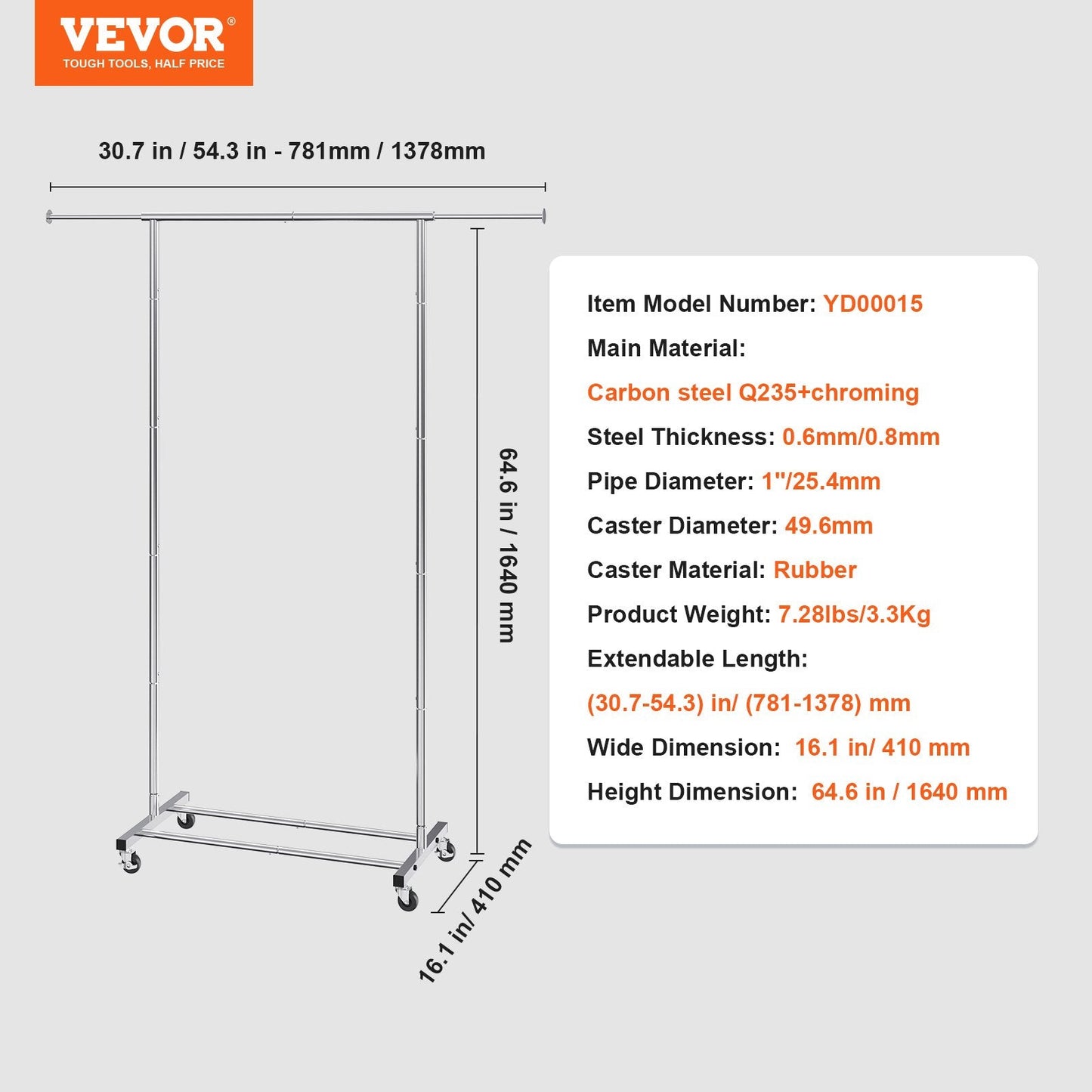 Heavy Duty Garment Rack with Wheels, Adjustable Length & Bottom Storage