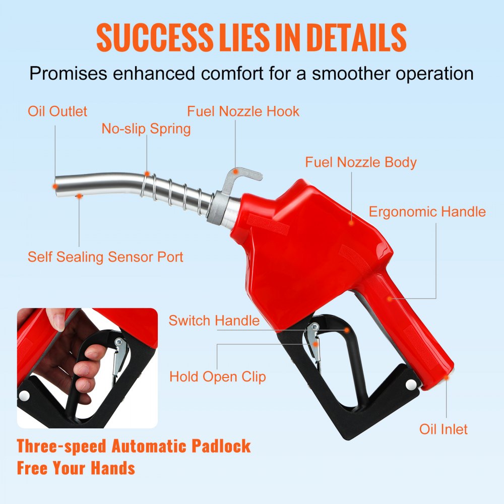 VEVOR Automatic Fuel Nozzle, 3/4" NPT Inlet Thread & 13/16" Spout, 11 GPM Max Flow Rate, Auto Shut Off, Aluminum & PVC Gas Pump Handle with 360° Swivel for Gasoline Diesel Kerosene Biodiesel Refilling