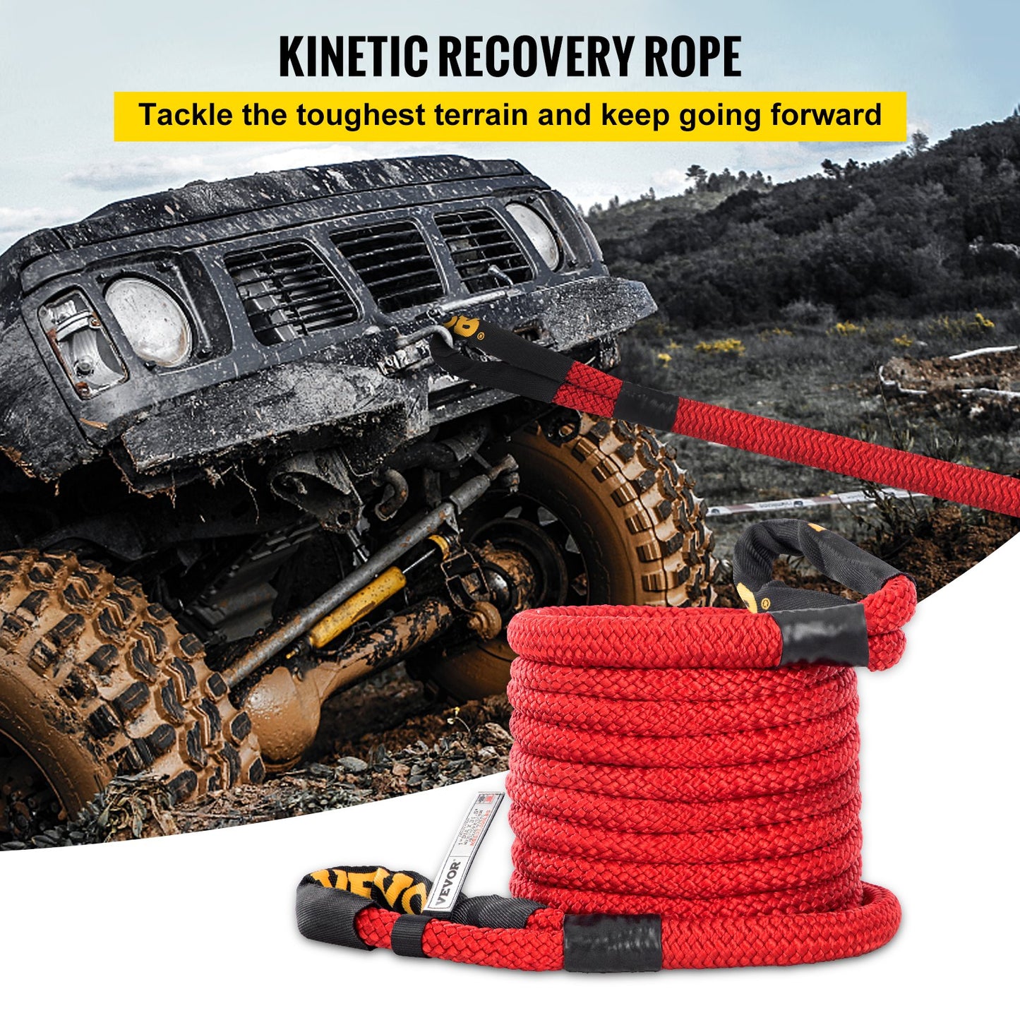 VEVOR 1\" x 31.5\' Recovery Tow Rope, 33,500 lbs, Heavy Duty Nylon Double Braided