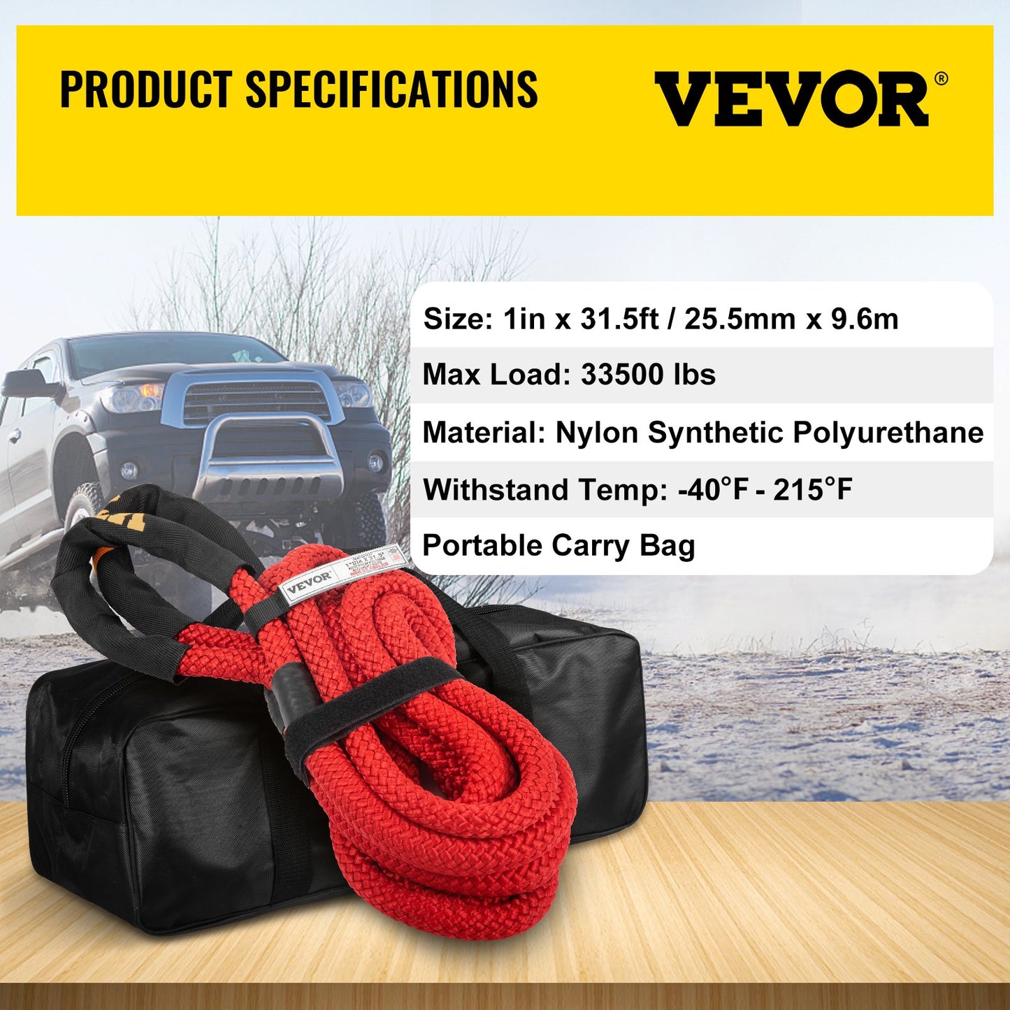 VEVOR 1\" x 31.5\' Recovery Tow Rope, 33,500 lbs, Heavy Duty Nylon Double Braided