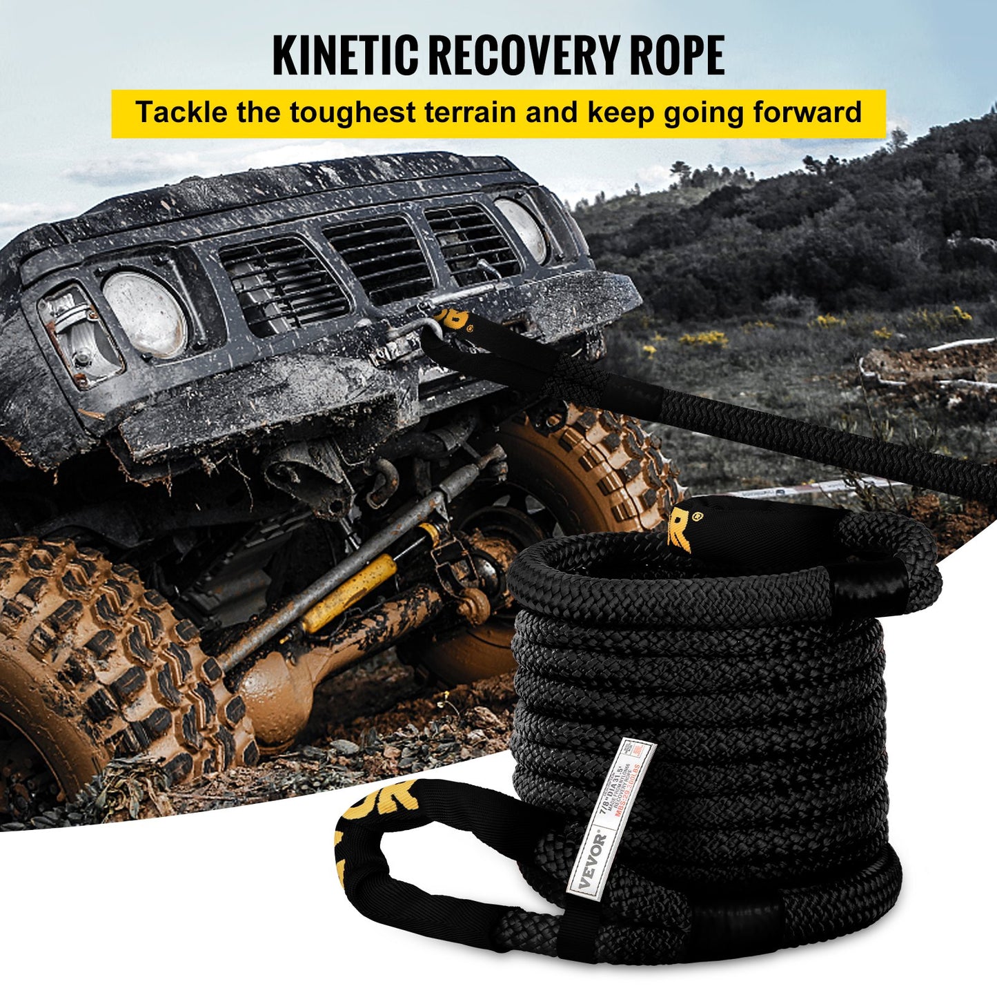 VEVOR 7/8\" x 31.5\' Kinetic Recovery Rope, 29,300 lbs, Heavy Duty Nylon Double