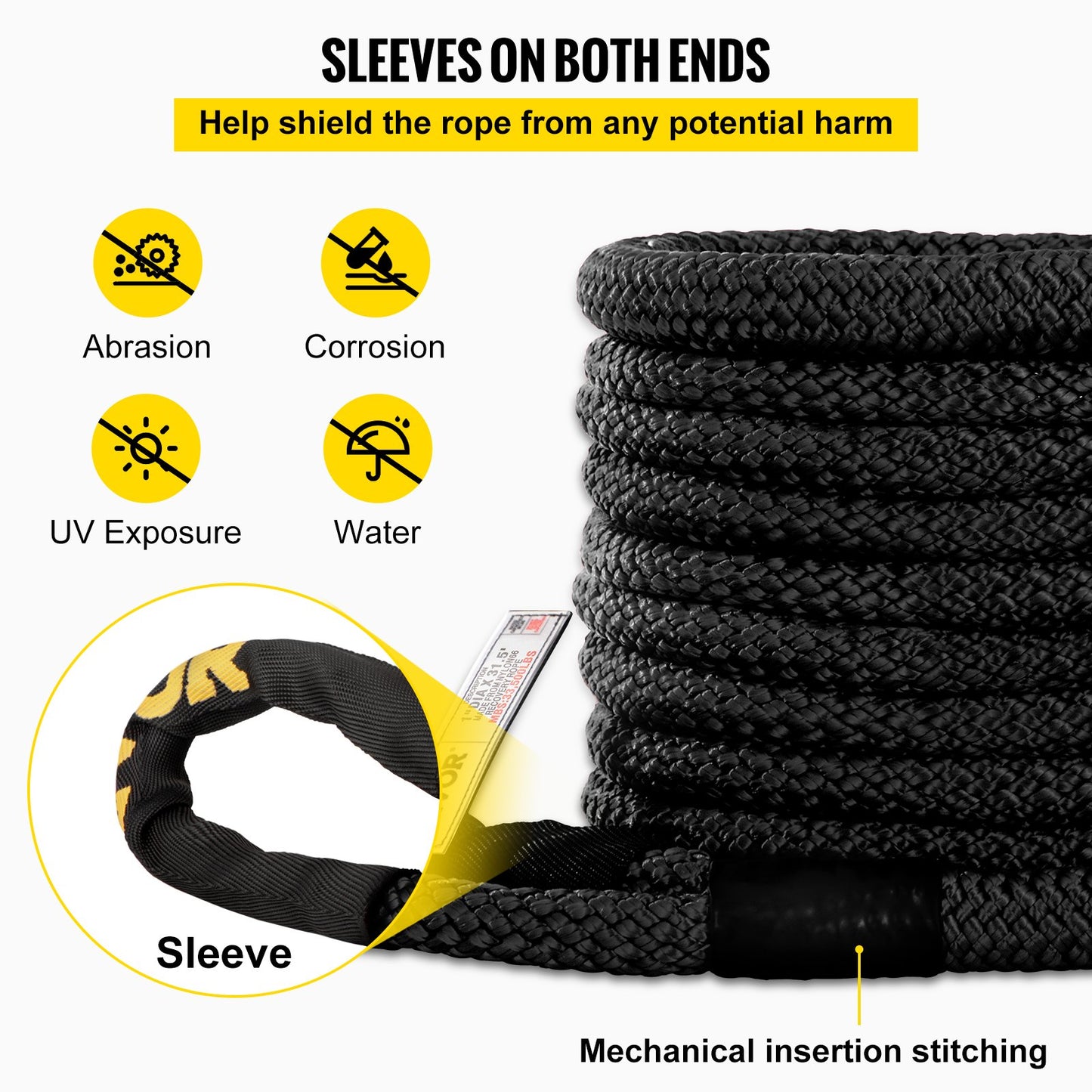 VEVOR 25.5mm x 9.6m Kinetic Recovery Tow Rope, 15.2 t, Heavy Duty Double Braided