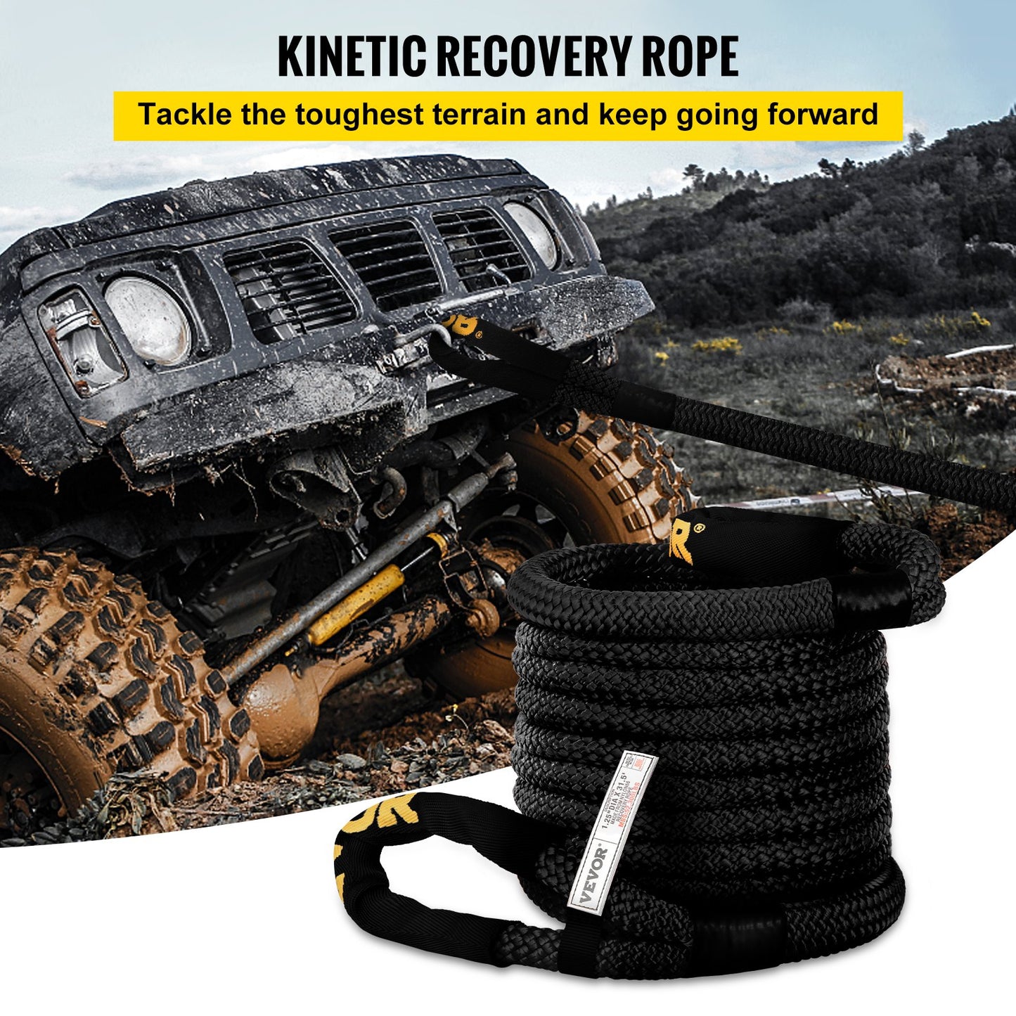 VEVOR 1-1/4\" x 31.5\' Kinetic Recovery & Tow Rope, 23723kgs, Heavy Duty Nylon Double