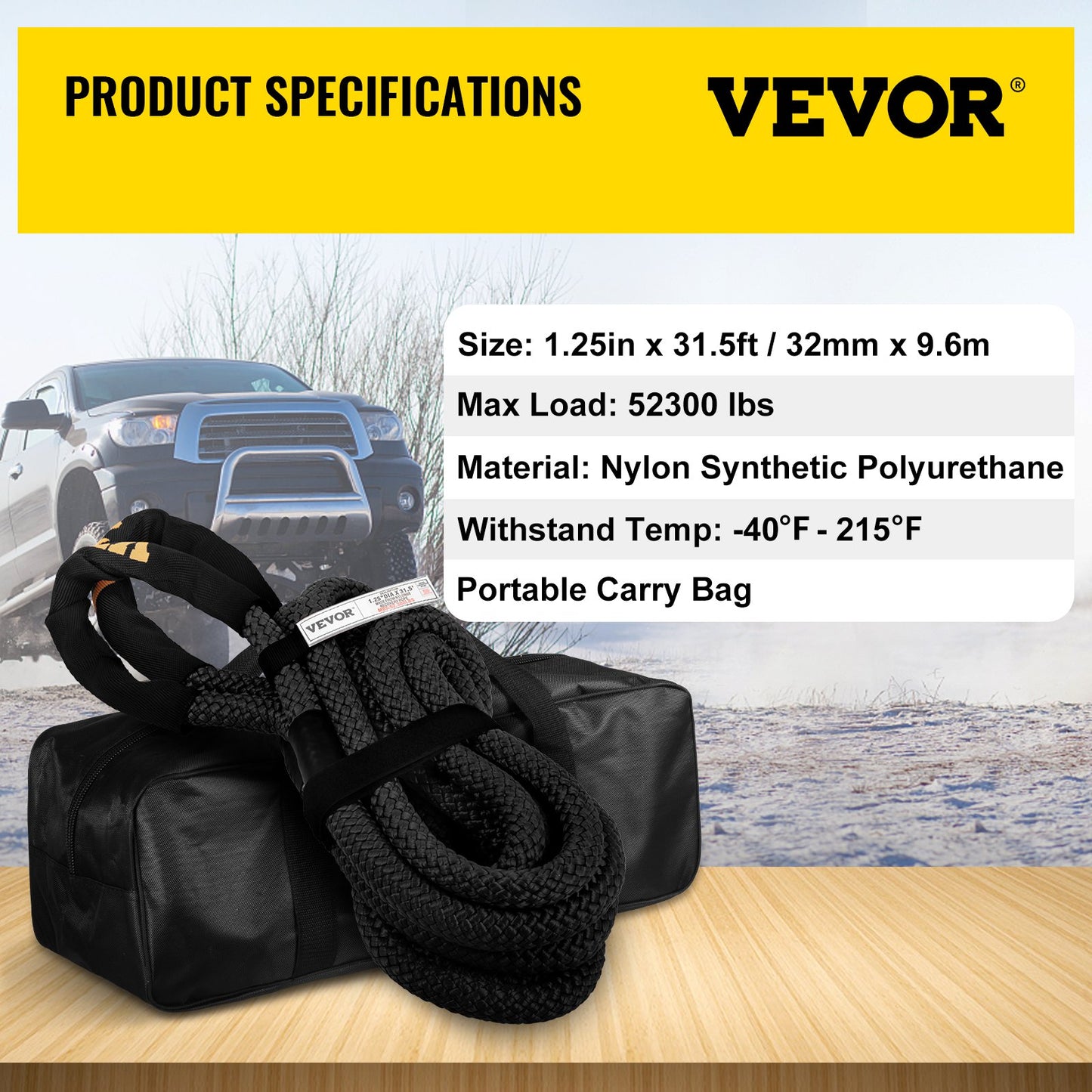 VEVOR 1-1/4\" x 31.5\' Kinetic Recovery & Tow Rope, 23723kgs, Heavy Duty Nylon Double