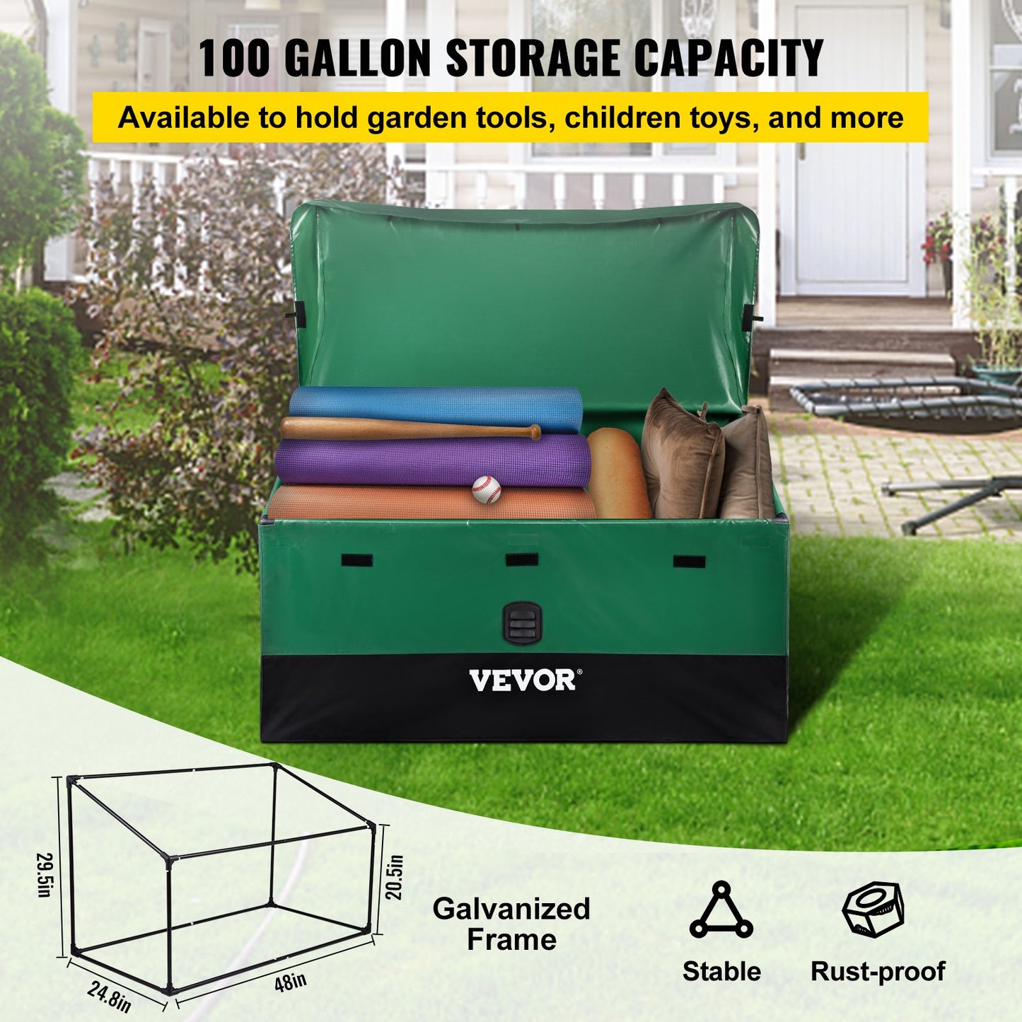 VEVOR Outdoor Storage Box, 100Gal Waterproof PE Tarpaulin Deck Box w/ Galvanized
