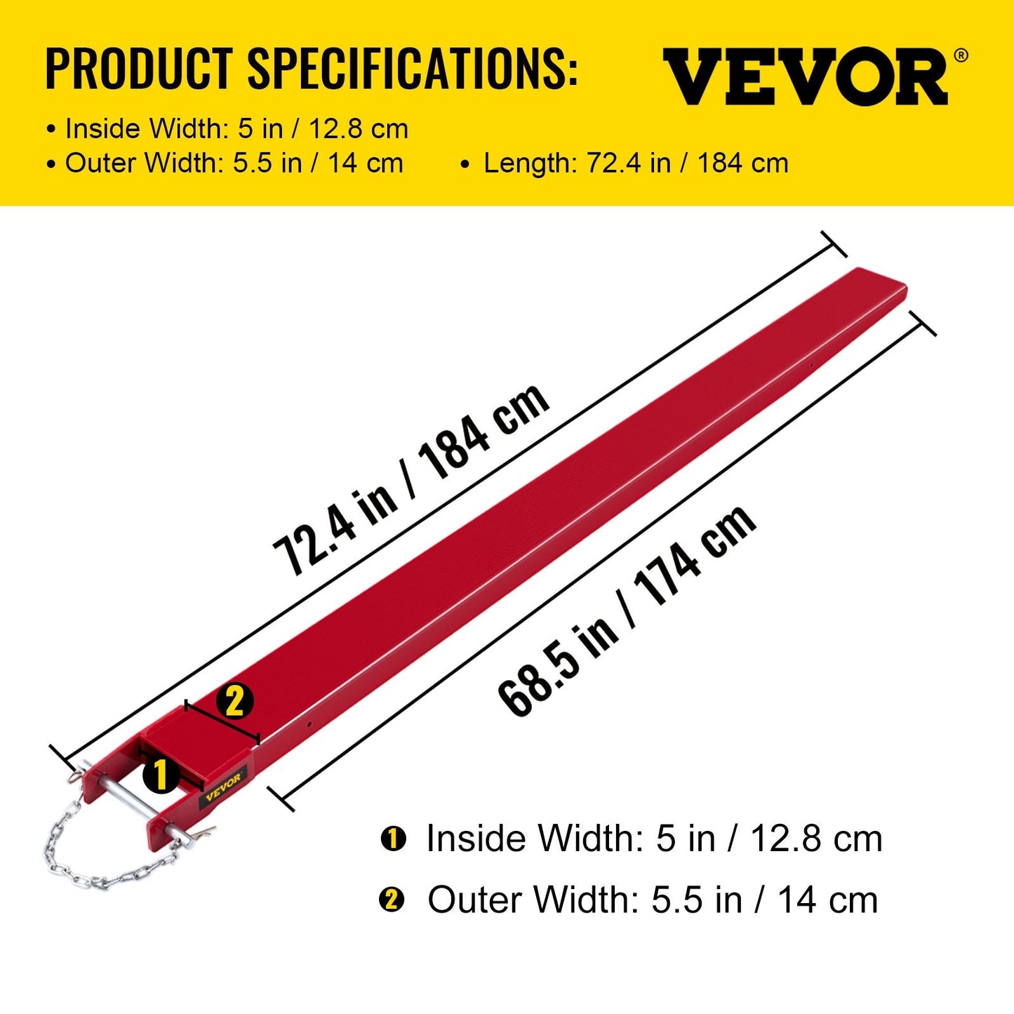 Heavy Duty Steel Forklift Extensions, 184 cm x 12.8 cm, 1 Pair