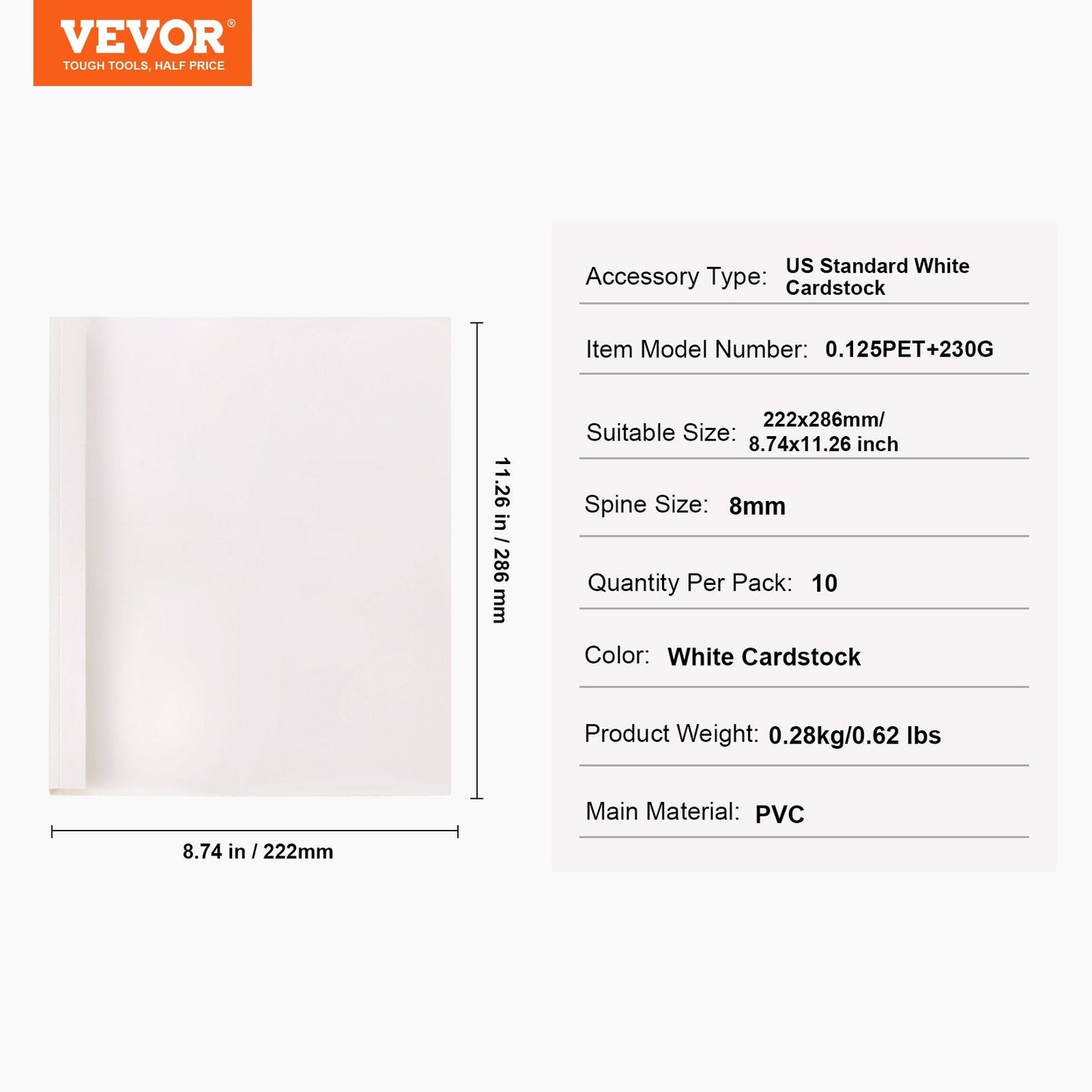Thermal Binding Covers, 10 Pack, 8mm Spine, PVC, White Cardstock, 222x286mm