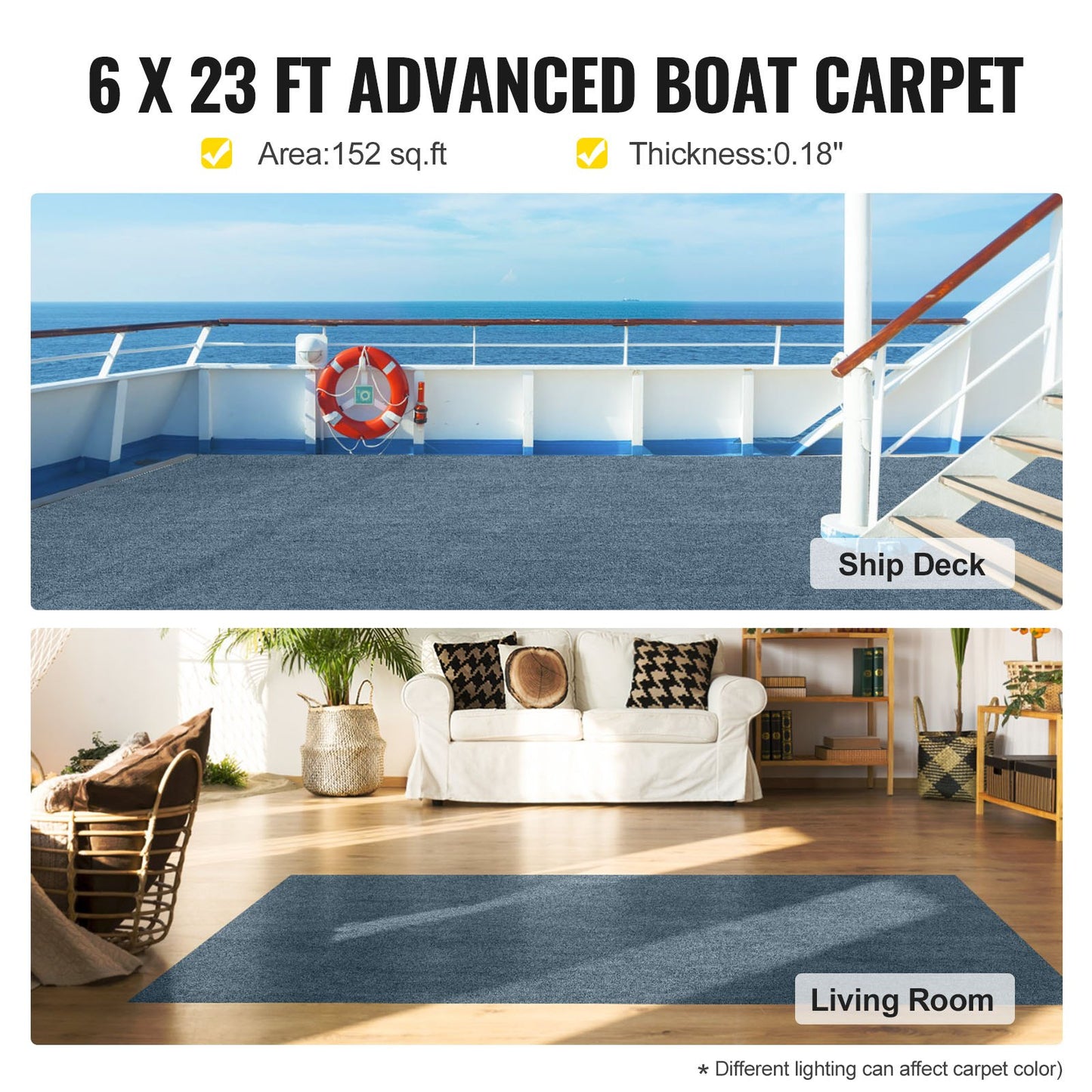 VEVOR Gray Marine Carpet 6 ft x 23 ft Boat Carpet Rugs Indoor Outdoor Rugs for Patio