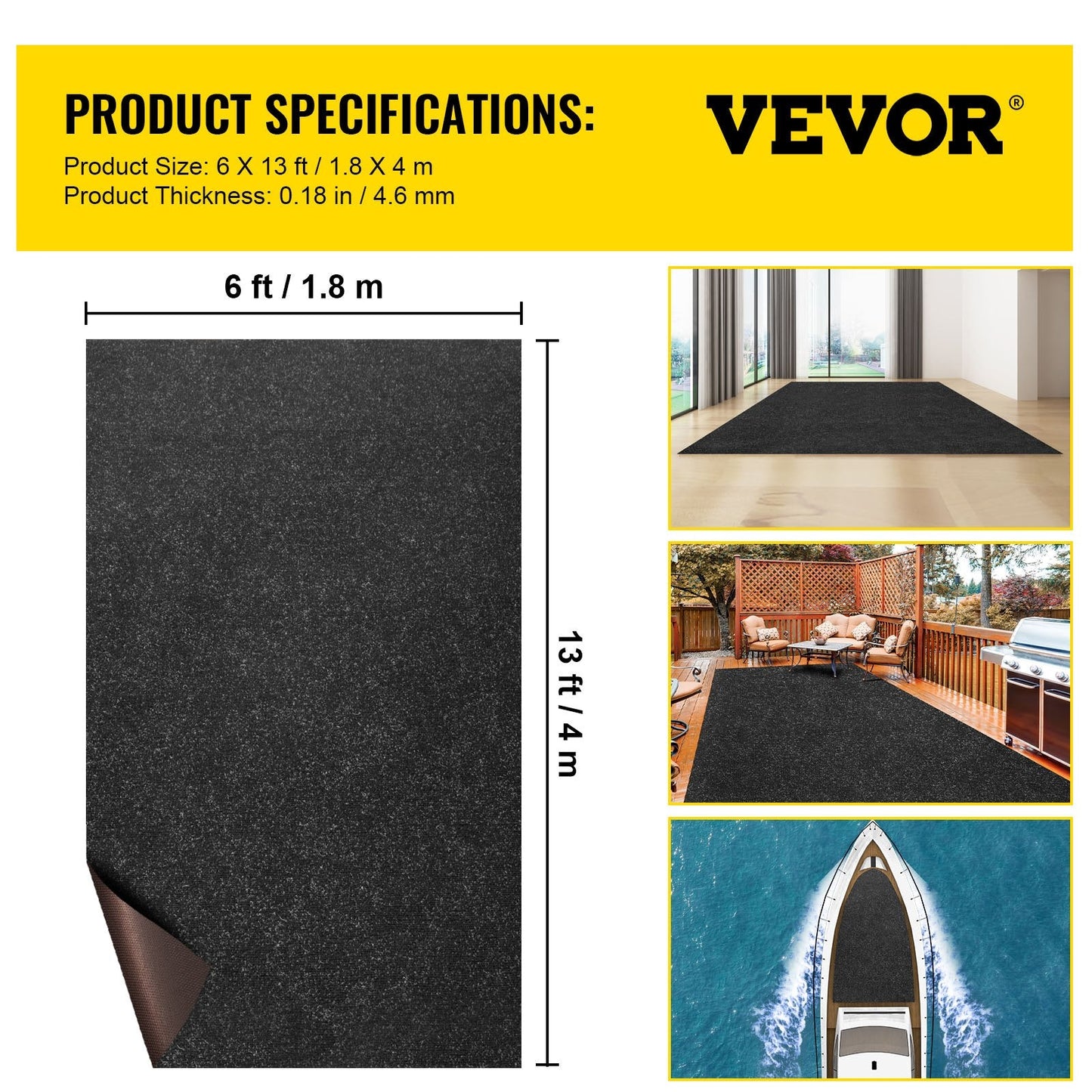 Marine Cutpile Carpet 1.8 x 4 m Charcoal Black for Indoor/Outdoor Use