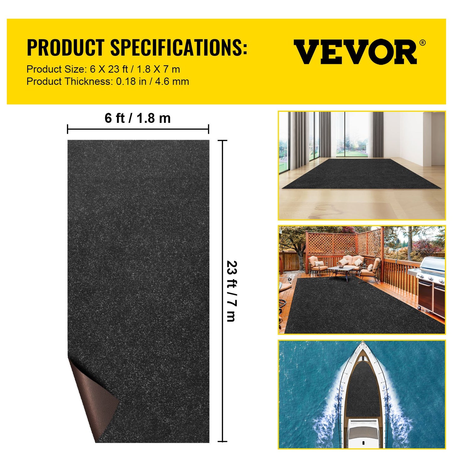 VEVOR Marine Carpet, 6 x 23 ft Boat Carpeting, Charcoal Black Marine Grade Boat