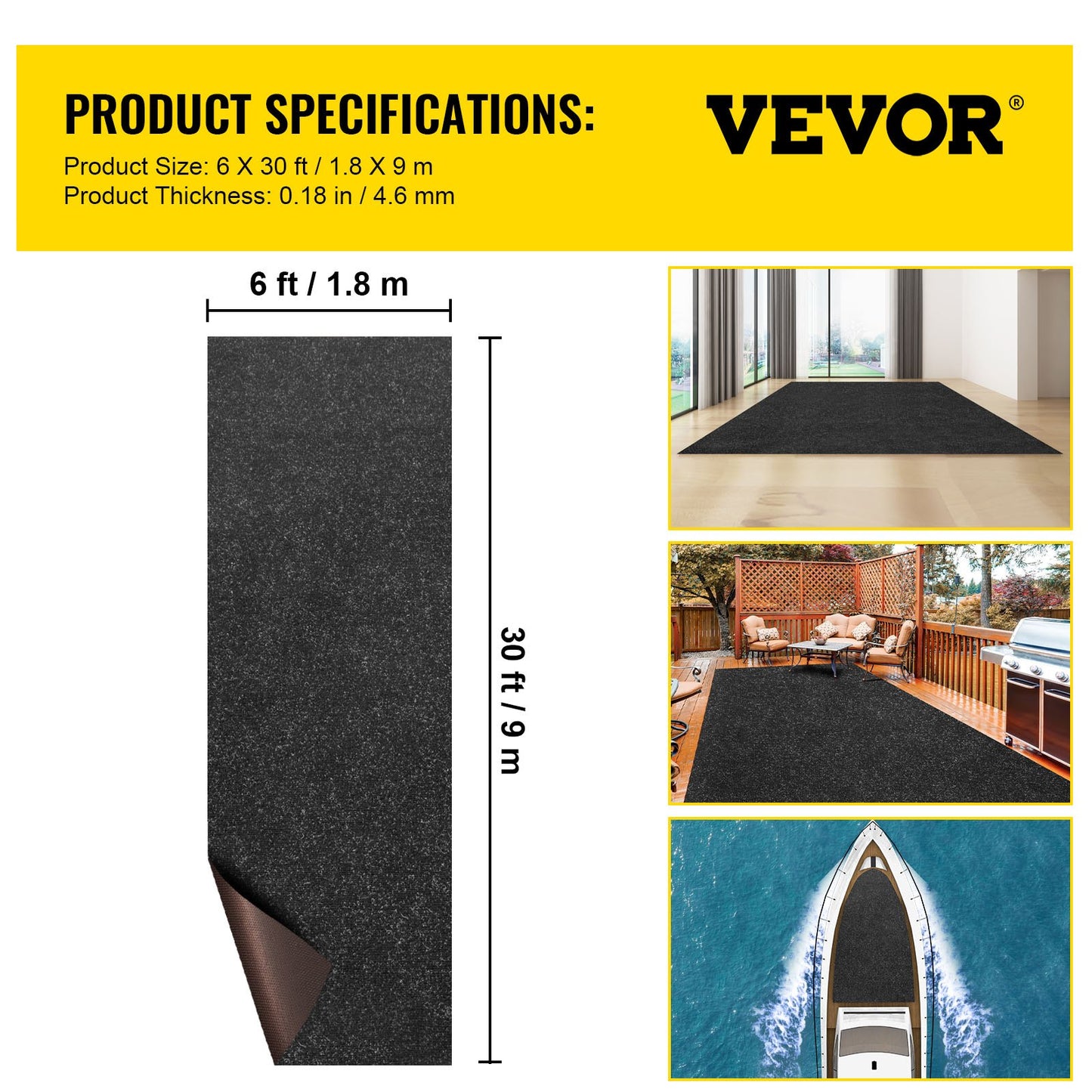 VEVOR Marine Carpet, 6 x 30 ft Boat Carpeting, Charcoal Black Marine Grade Boat