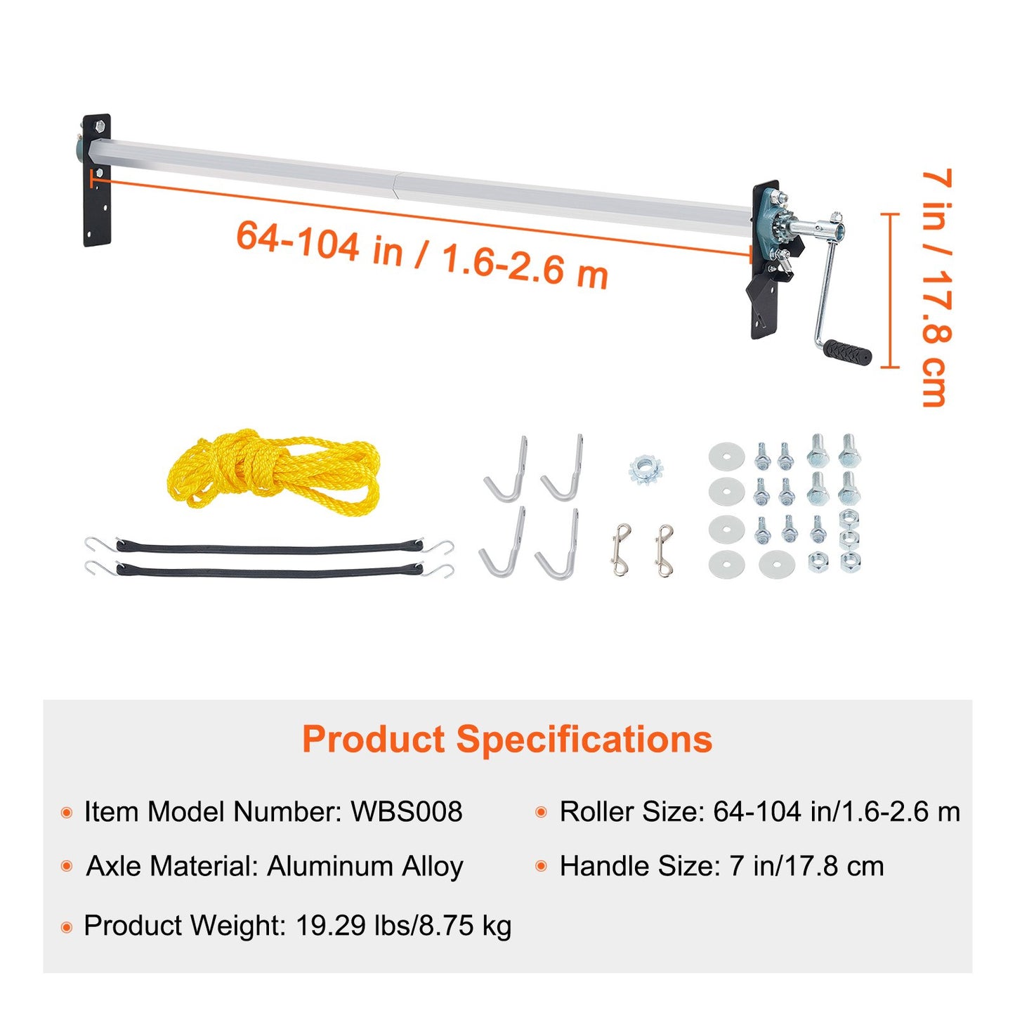 VEVOR Hand Crank Tarp Roller Kit, 1.6-2.6 m Wide, Aluminum Alloy, Manual Cab Level