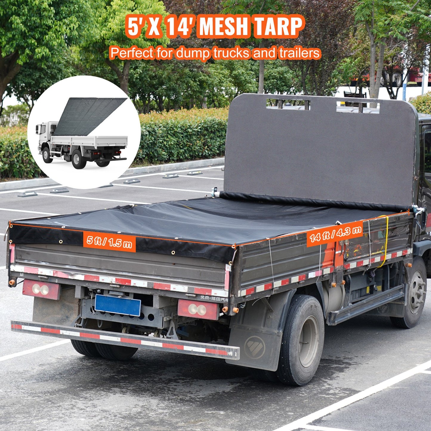 VEVOR Dump Truck Mesh Tarp, 5 x 14 ft, PVC Coated Black Heavy Duty Cover with 5.5"
