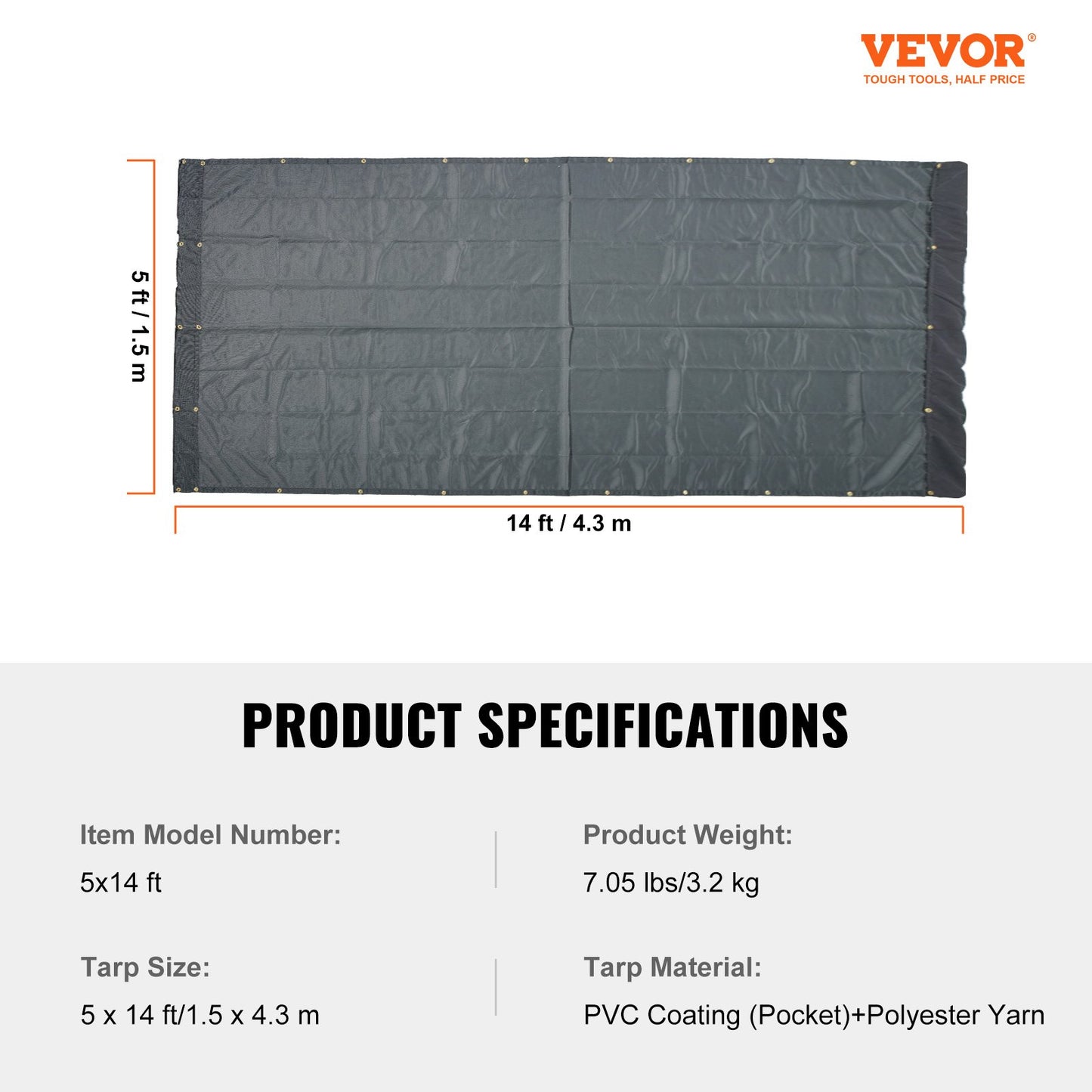 VEVOR Dump Truck Mesh Tarp, 5 x 14 ft, PVC Coated Black Heavy Duty Cover with 5.5"