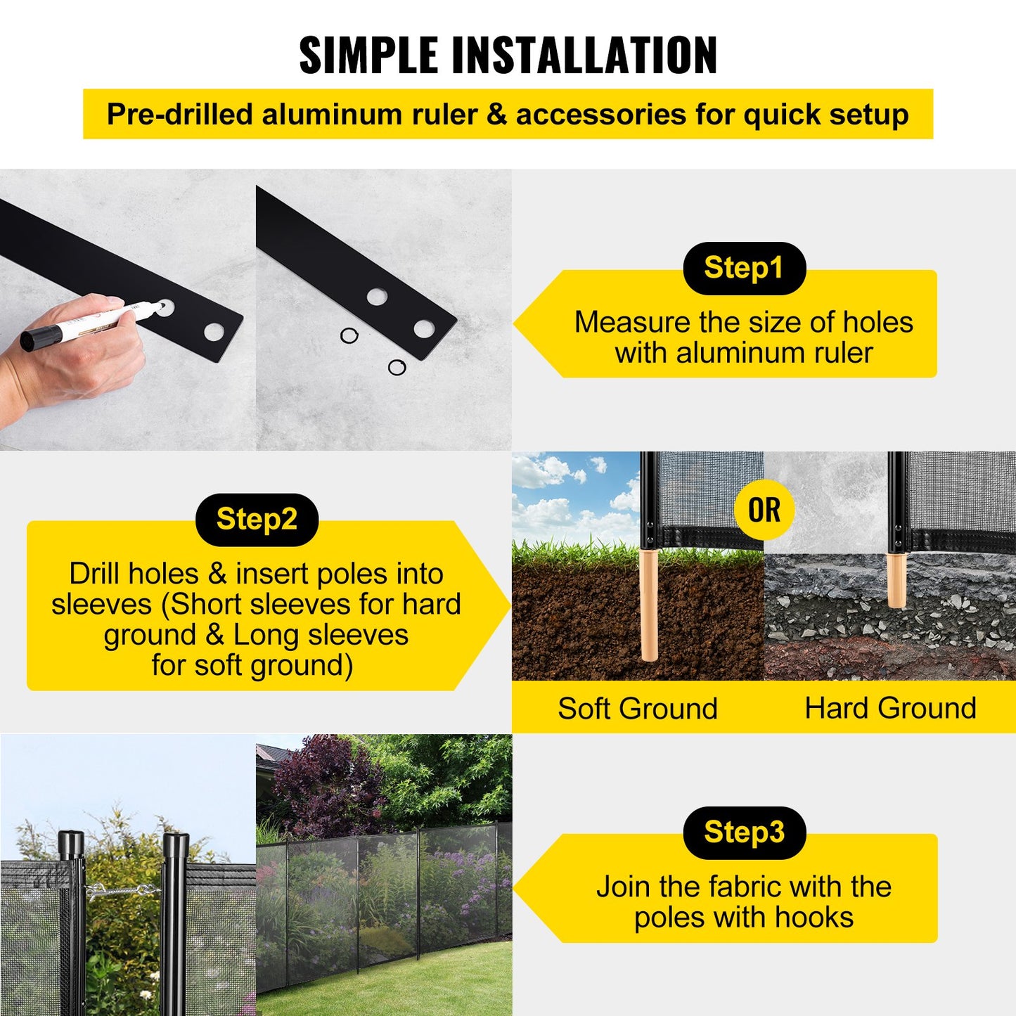VEVOR Sentry Security Pool Fence 4x48 ft Removable Pool Fence Hole Size 1.1x 3.5