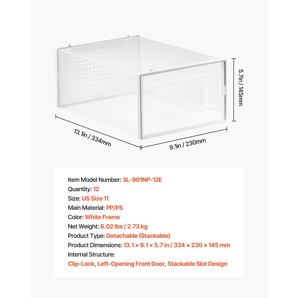VEVOR Shoe Storage Boxes 12 Pack Stackable Storage Organizers US Size 11 White