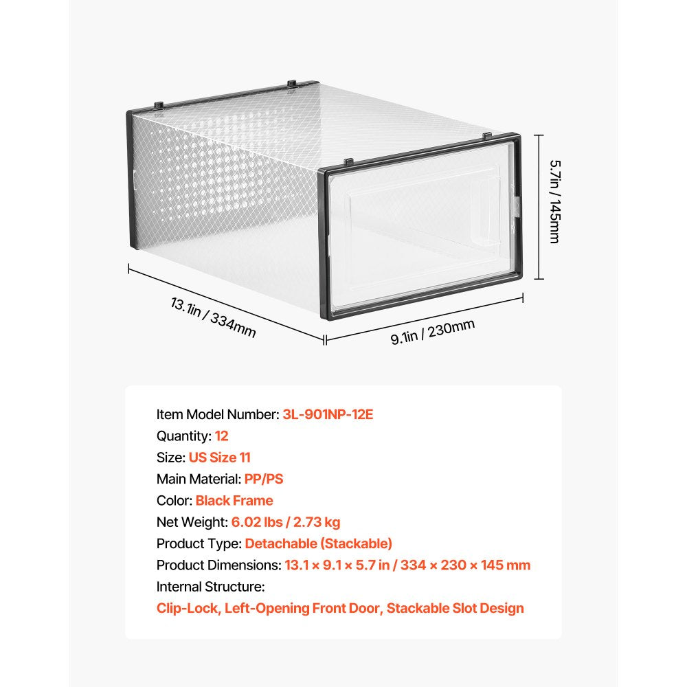 Shoe Storage Boxes 12 Pack Stackable Storage Organizers US Size 11 Black