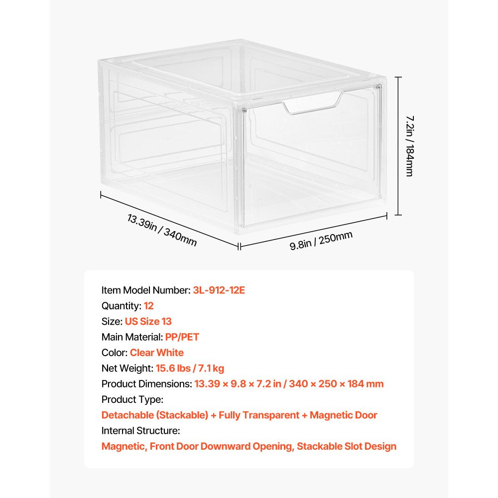 VEVOR Shoe Storage Boxes 12PCS Stackable Shoe Boxes US Size 13 Transparent White
