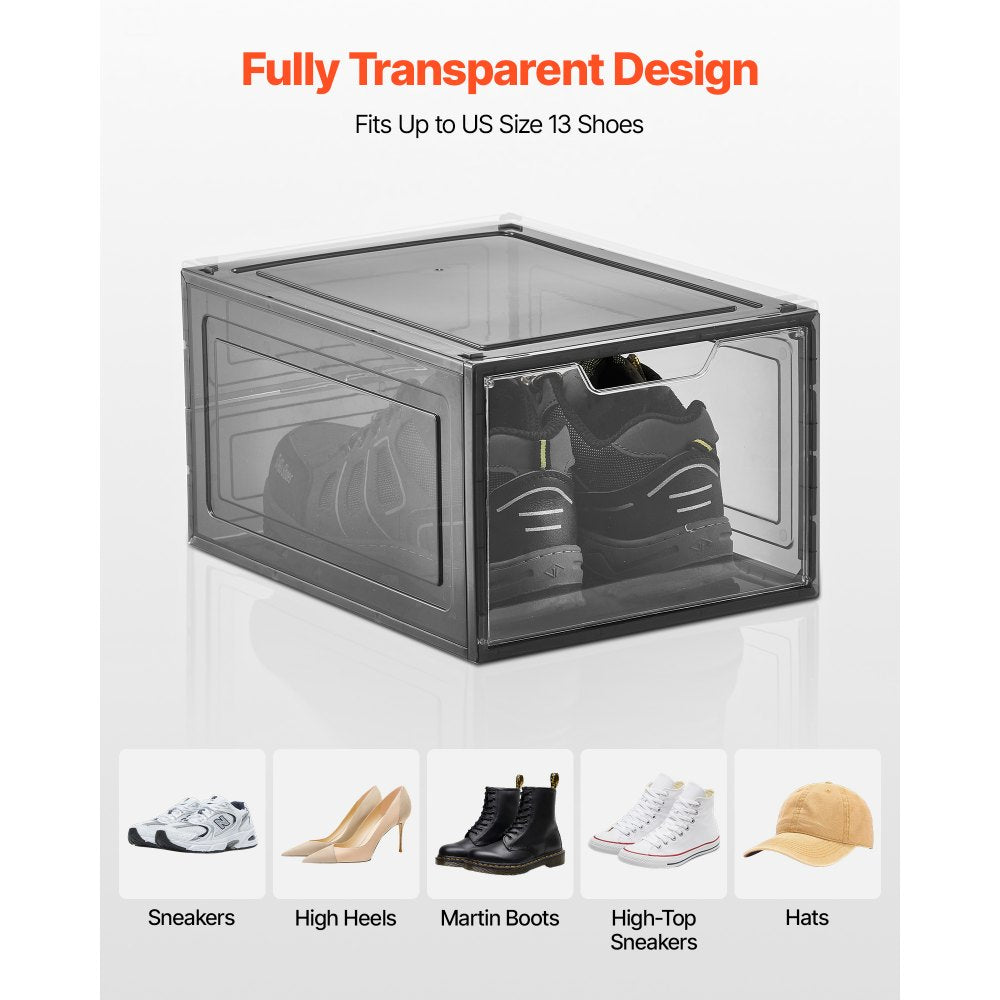 Shoe Storage Boxes 6PCS Stackable Shoe Boxes US Size 13 Transparent Black