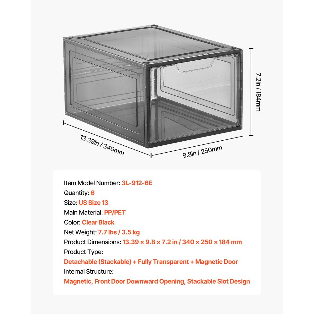 Shoe Storage Boxes 6PCS Stackable Shoe Boxes US Size 13 Transparent Black