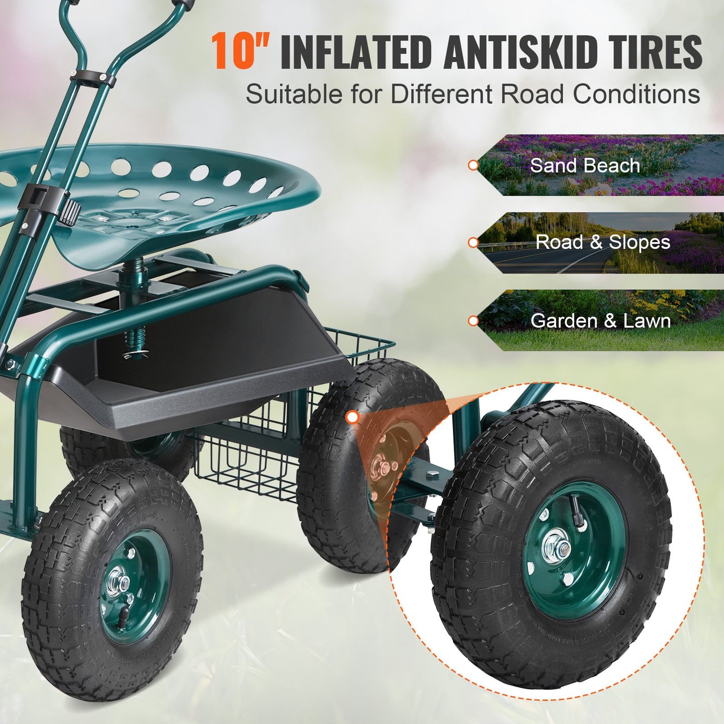 VEVOR Garden Cart Rolling Workseat with Wheels, Gardening Stool for Planting, 360