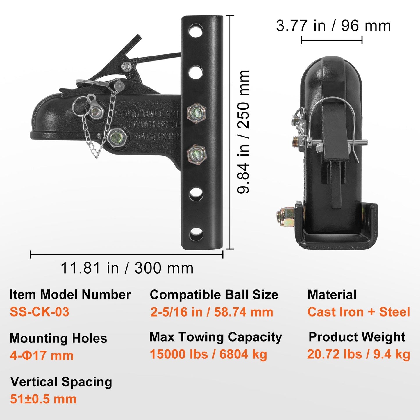 Adjustable Trailer Coupler Kit, 58 mm Hitch, 6804 kg Capacity, Heavy Duty Mount