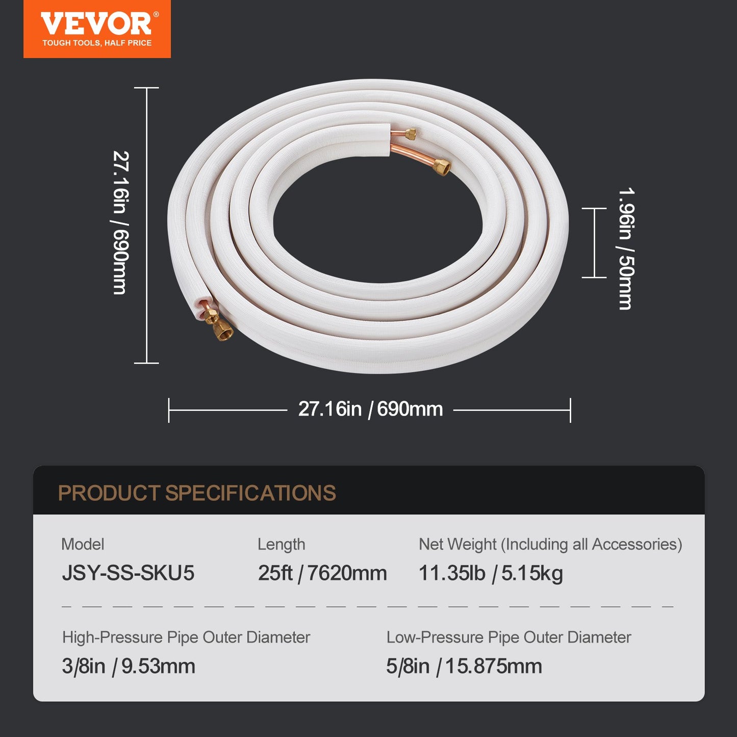 VEVOR 7620mm Mini Split Line Set, 9.5 & 15.9mm O.D Copper Pipes Tubing and Triple-Layer