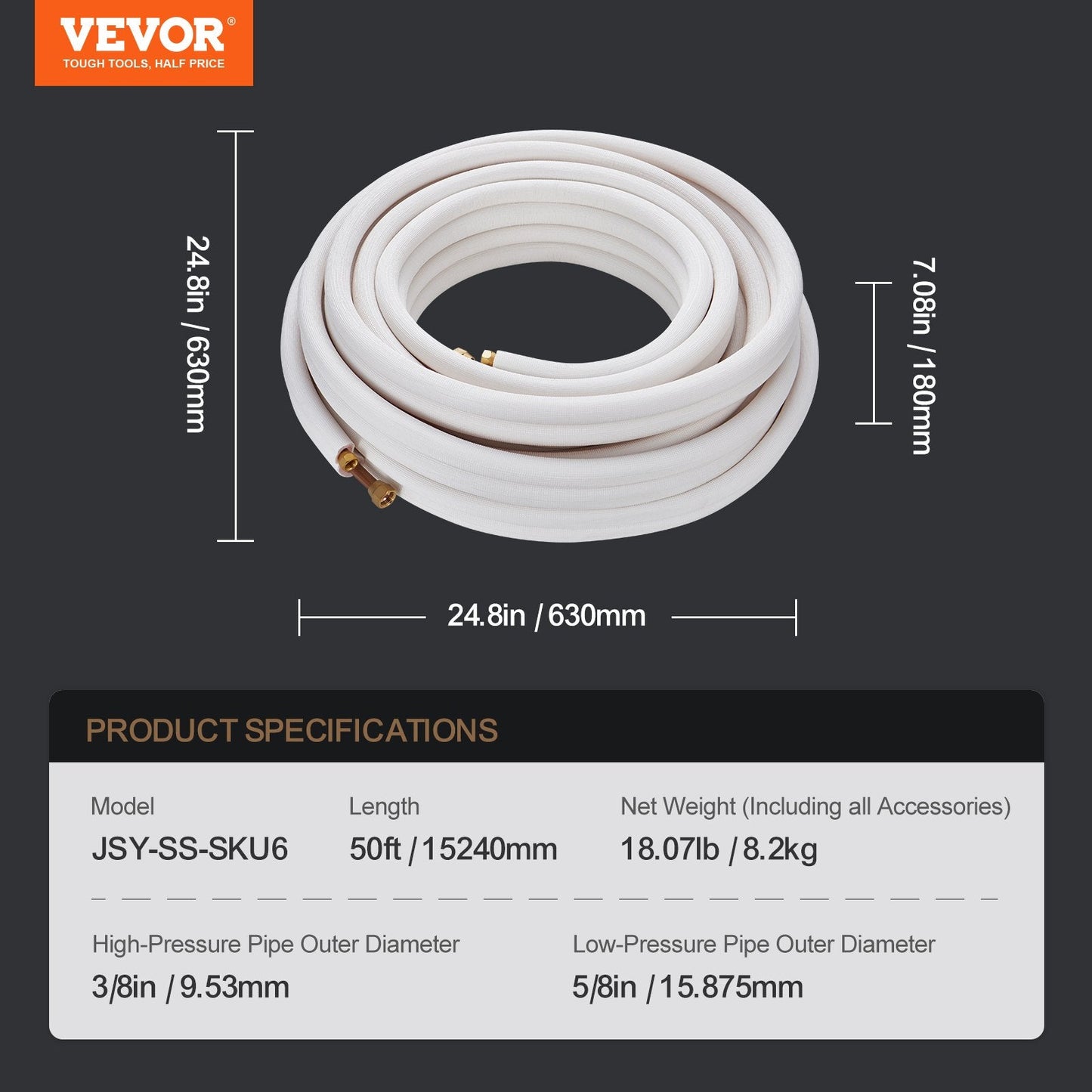50ft Mini Split Line Set with Triple-Layer Insulation, Copper Pipes for HVAC