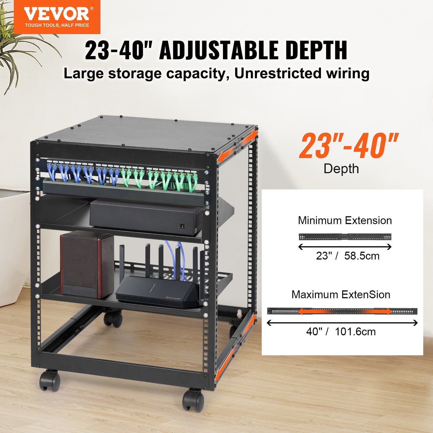 VEVOR 12U Open Frame Server Rack, 15''-40'' Adjustable Depth, Free Standing or Wall