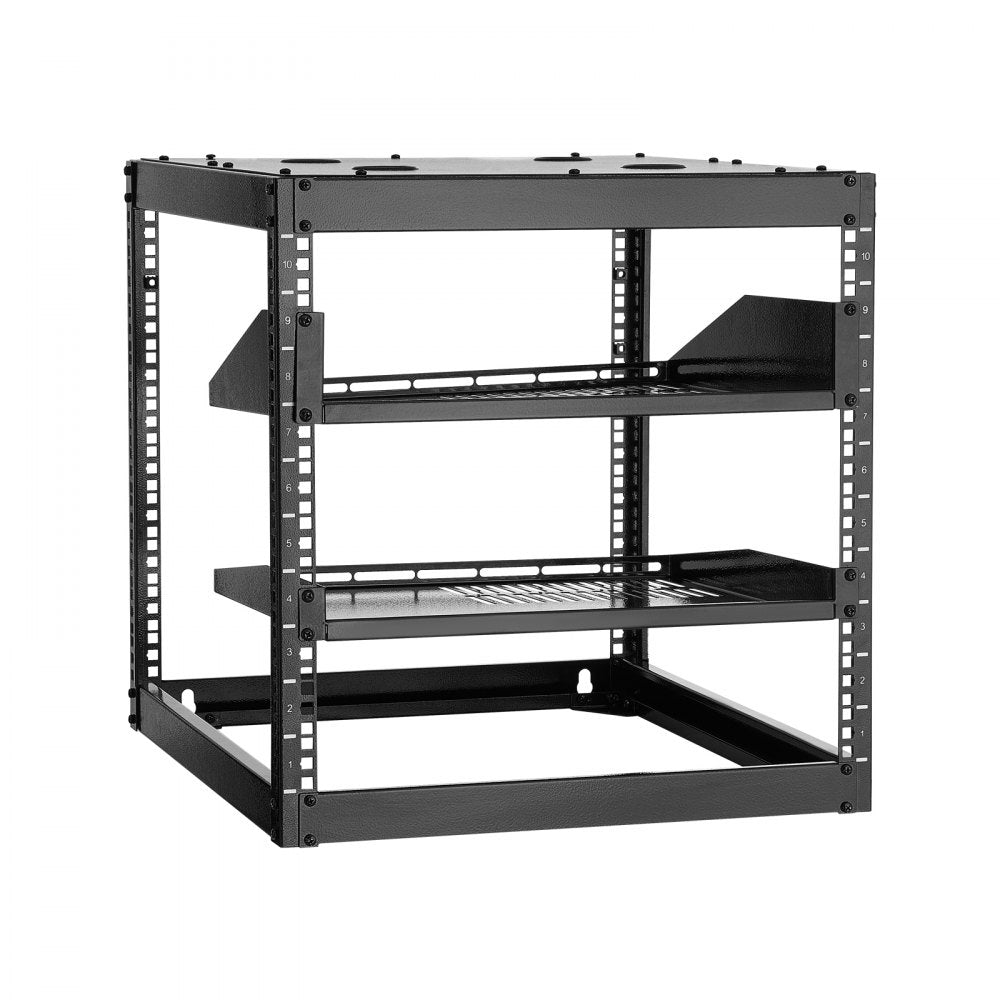 10U Open Frame Network Rack, 585 mm Depth, Wall Mounted or Floor Standing Server Rack, Heavy Duty 4 Post, with Vented Shelves & Mounting Hardware, Holds All Your Networking IT Equipment AV Gear