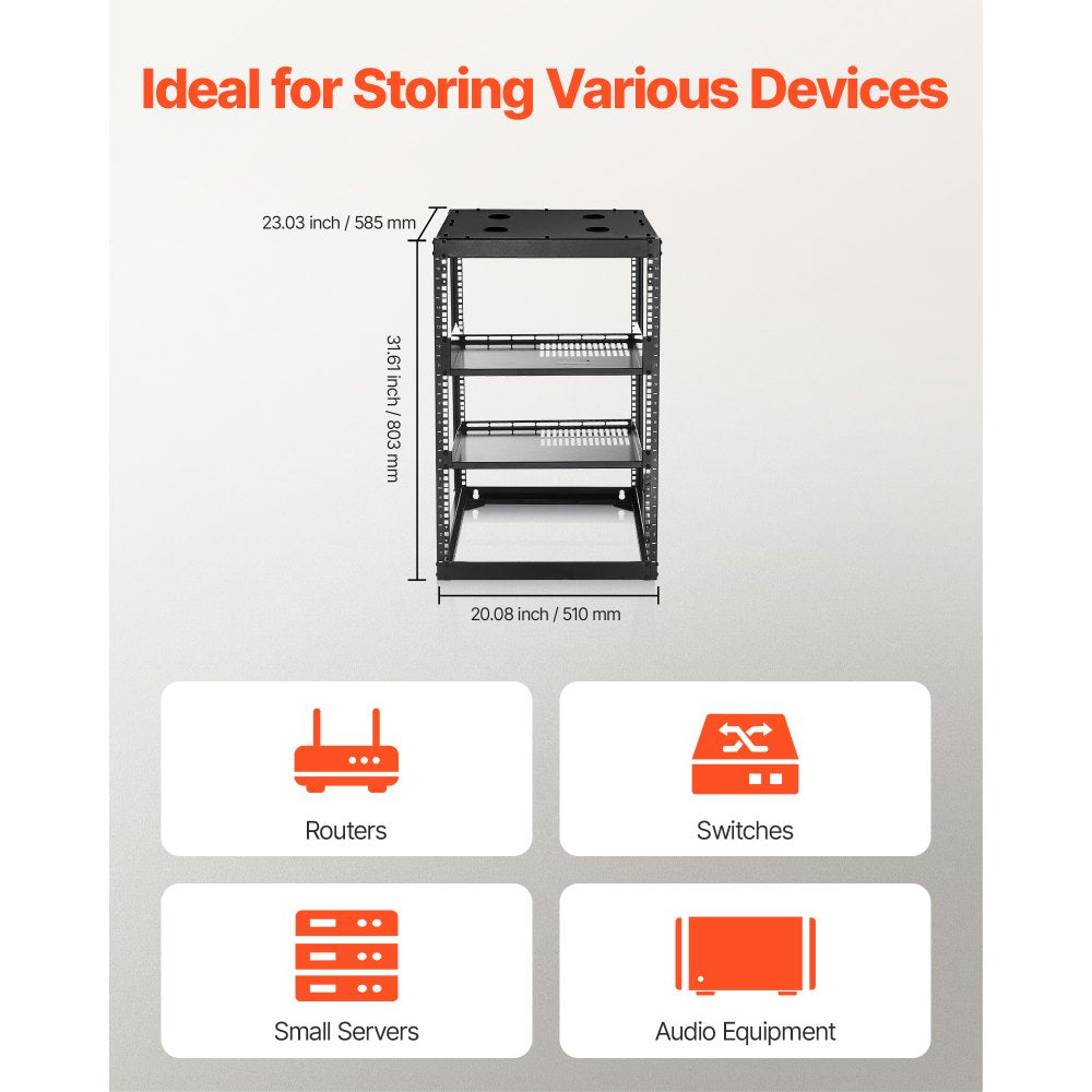 16U Open Frame Network Rack Wall Mounted Server Rack 4 Post with Shelves