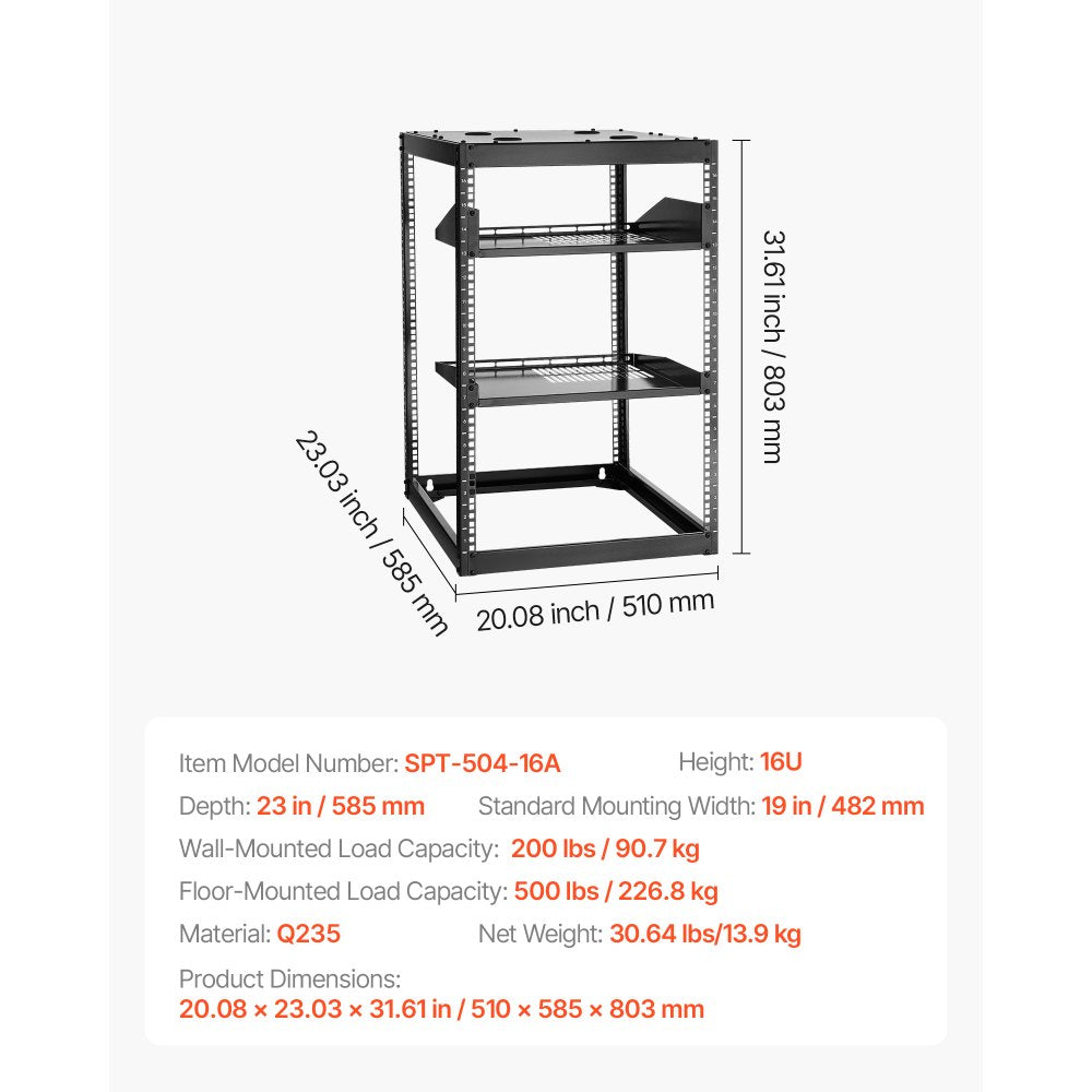 16U Open Frame Network Rack Wall Mounted Server Rack 4 Post with Shelves