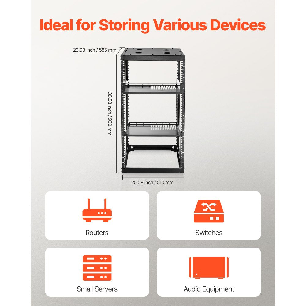 20U Open Frame Network Rack Wall Mounted Server Rack 4 Post with Shelves