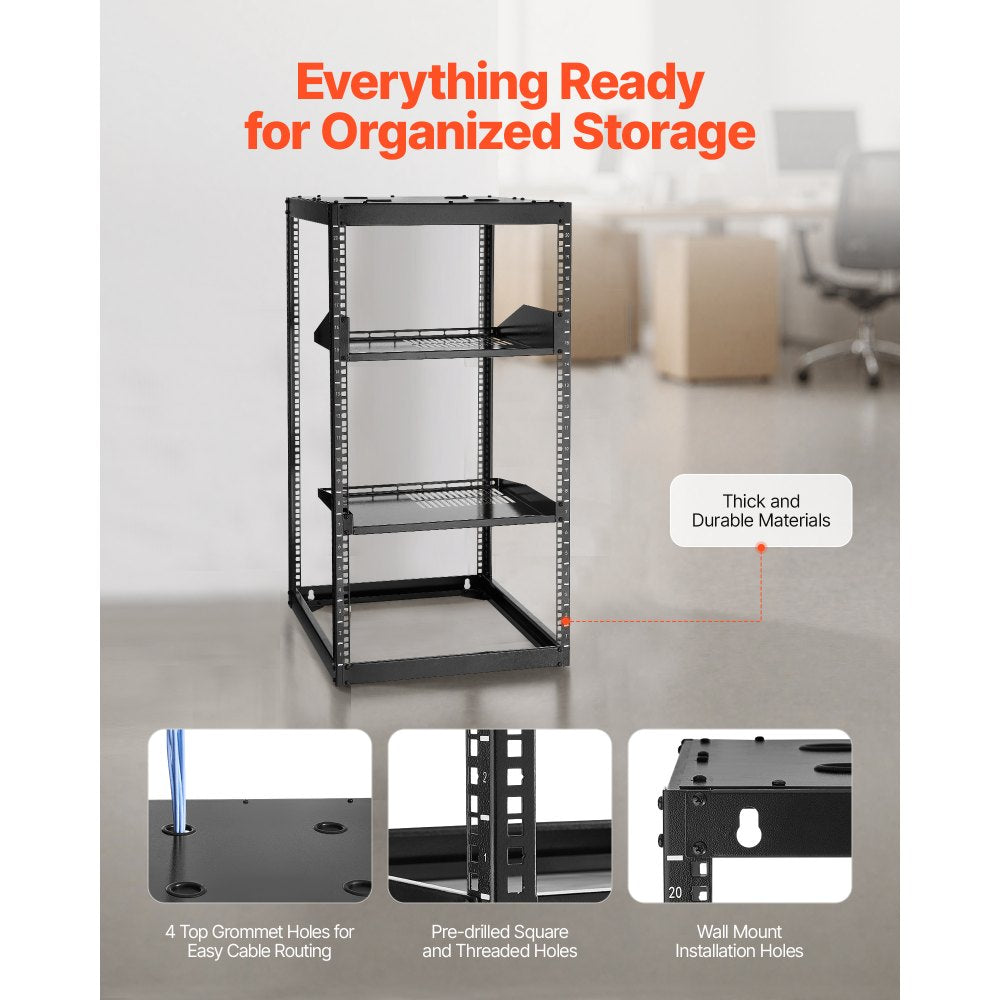 20U Open Frame Network Rack Wall Mounted Server Rack 4 Post with Shelves
