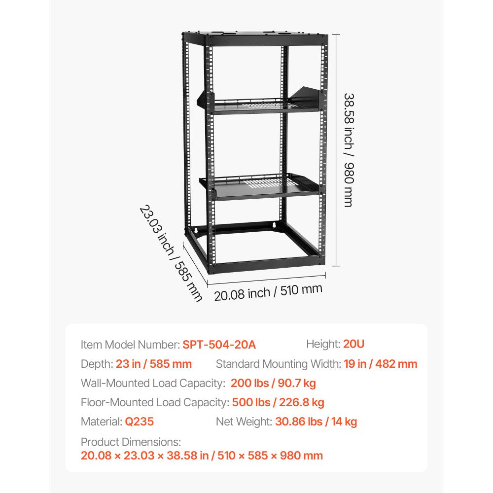 20U Open Frame Network Rack Wall Mounted Server Rack 4 Post with Shelves