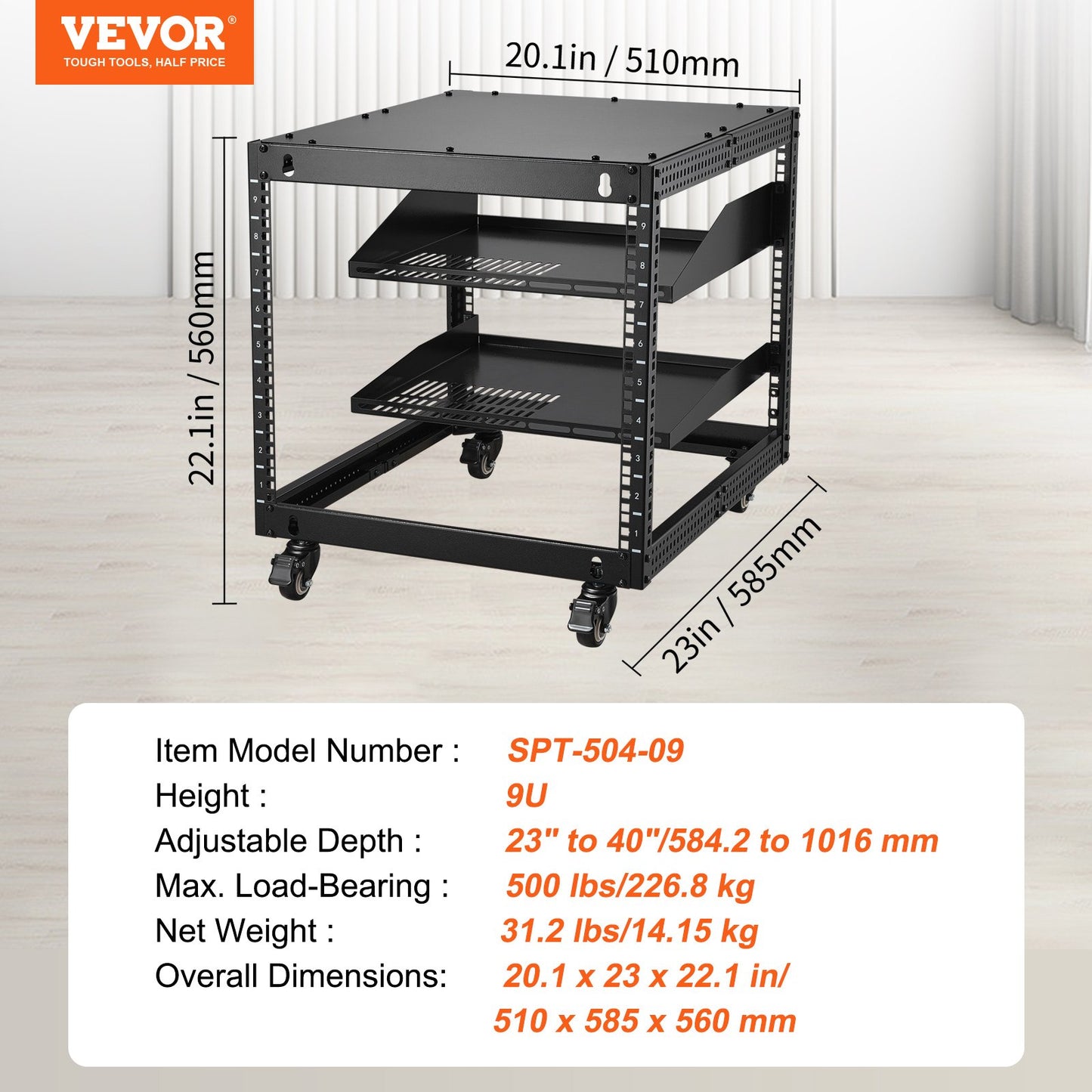 VEVOR 9U 4 Post Open Frame Server Network Rack 584.2 to 1016 mm Adjustable Depth