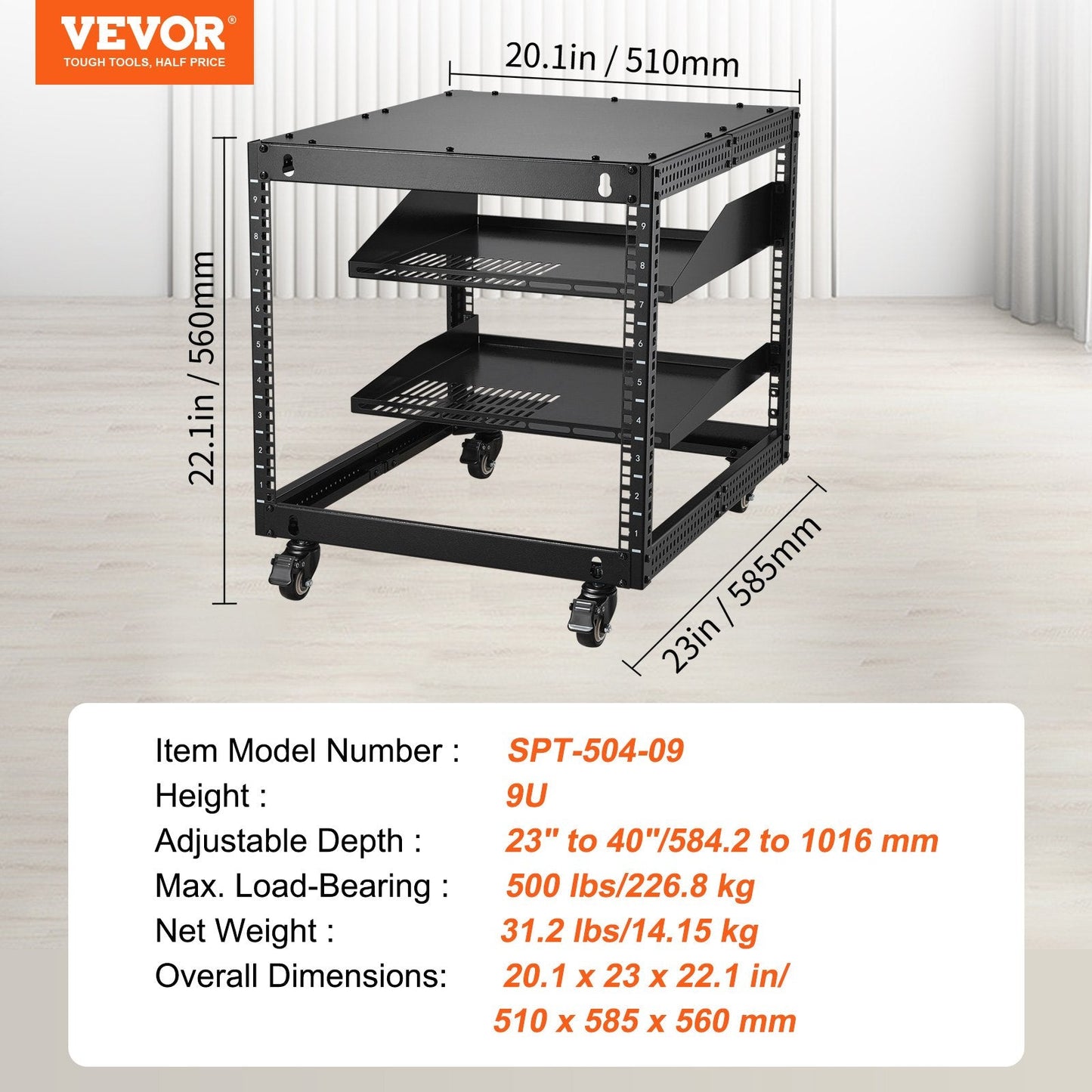 9U 4-Post Open Frame Server Rack, Adjustable Depth 0.58-1.02m, 227kg Capacity