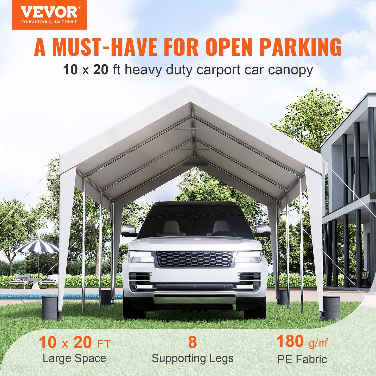 VEVOR Carport Car Canopy Garage Shelter Tent 10x20ft with 8 Poles for Auto Boats