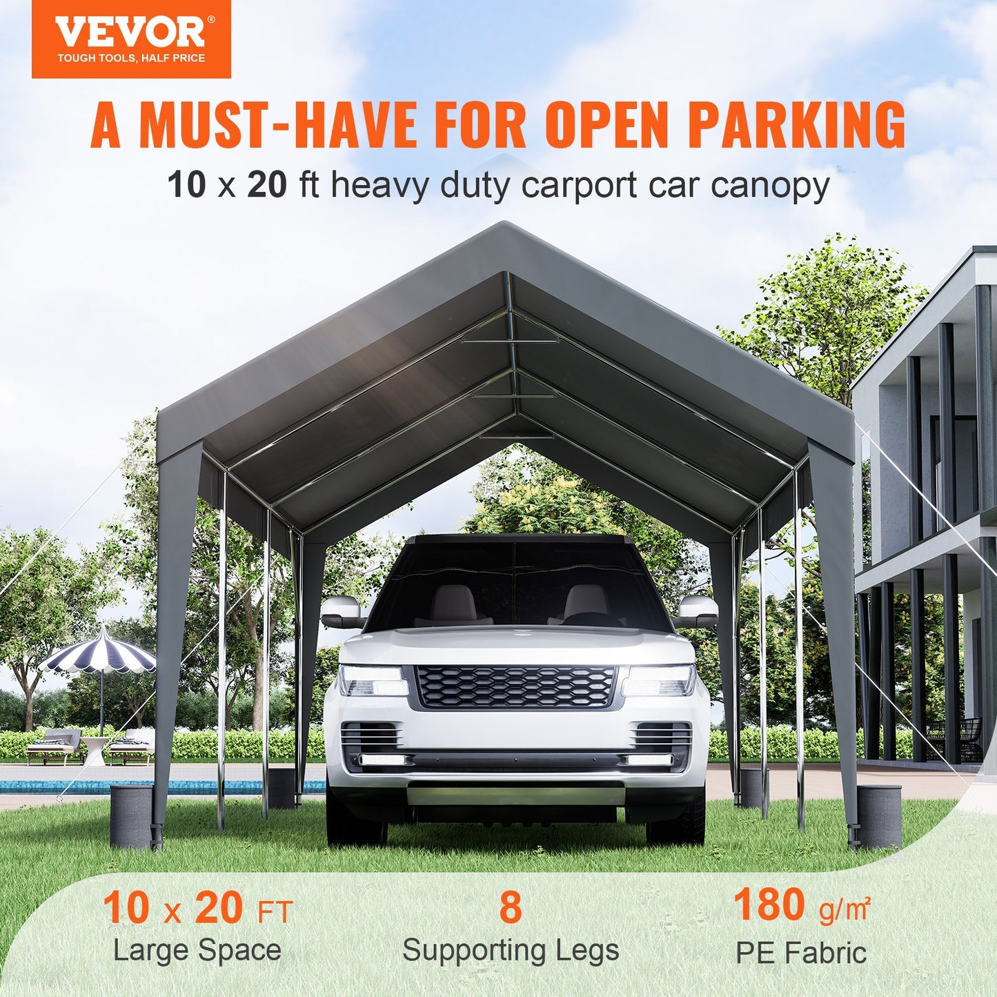 VEVOR Carport, Heavy Duty 10 x 20ft Car Canopy, Outdoor Garage Shelter with 8 Reinforced