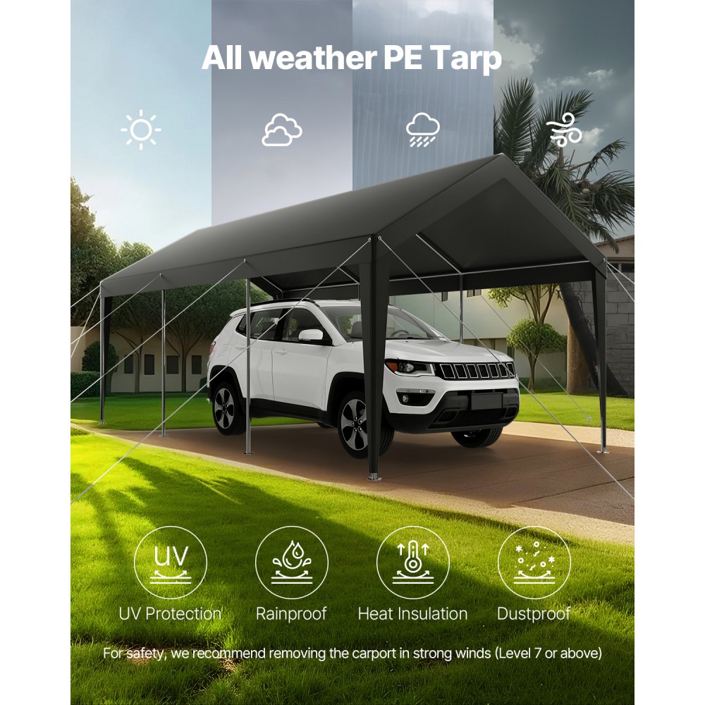 VEVOR Carport Car Canopy 10 x 20 FT Heavy Duty Portable Car Shelter Tent Grey