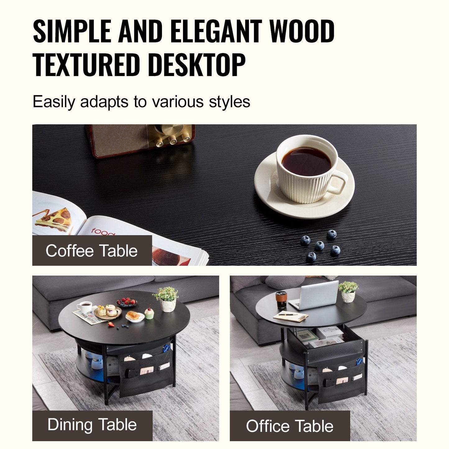 Round Lift Top Coffee Table, Adjustable Black Design with Storage, 90 cm Diameter